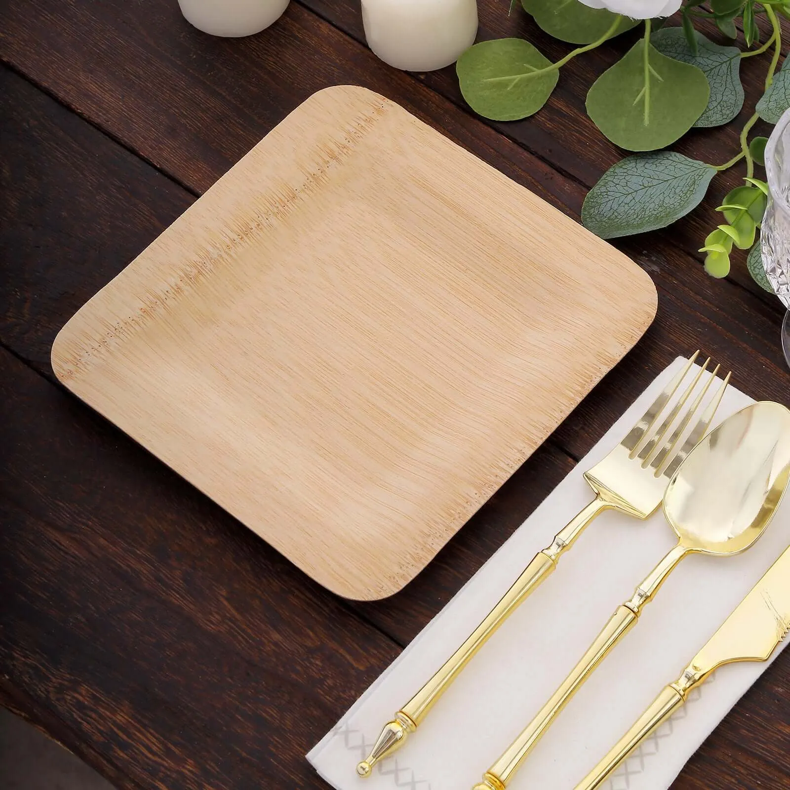 10 Pack 9" Eco Friendly Bamboo Square Disposable Dinner Plates