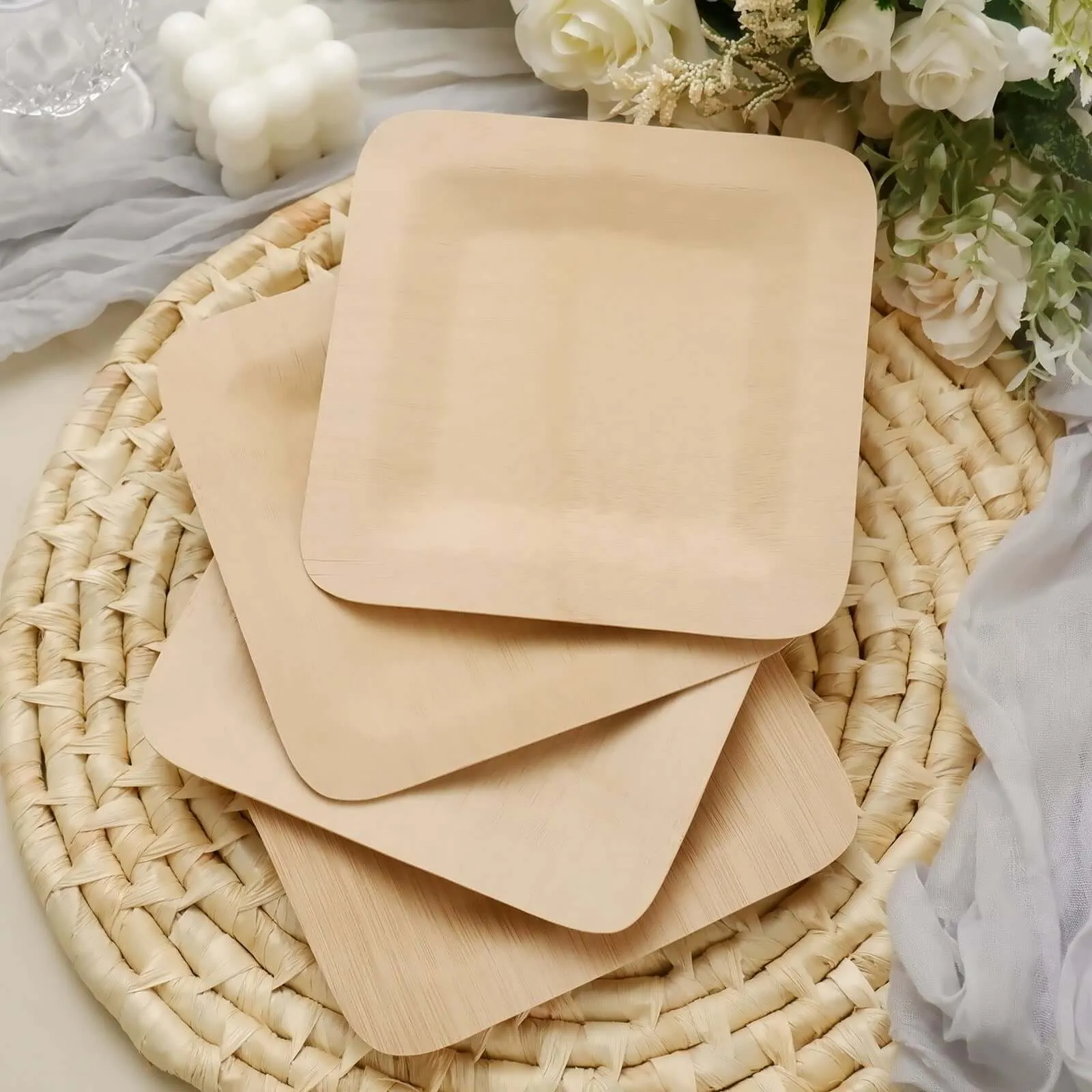 10 Pack 9" Eco Friendly Bamboo Square Disposable Dinner Plates