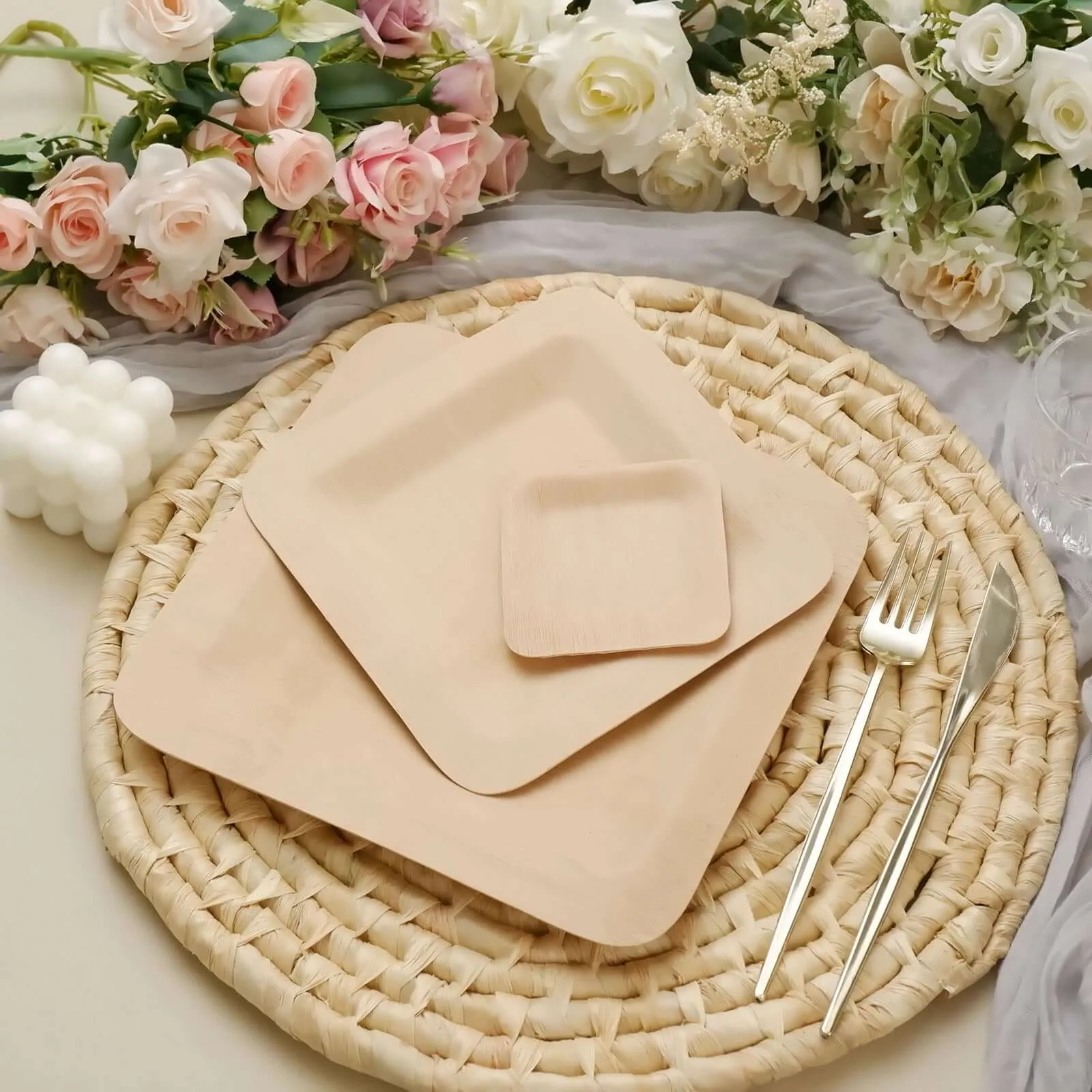 10 Pack 9" Eco Friendly Bamboo Square Disposable Dinner Plates