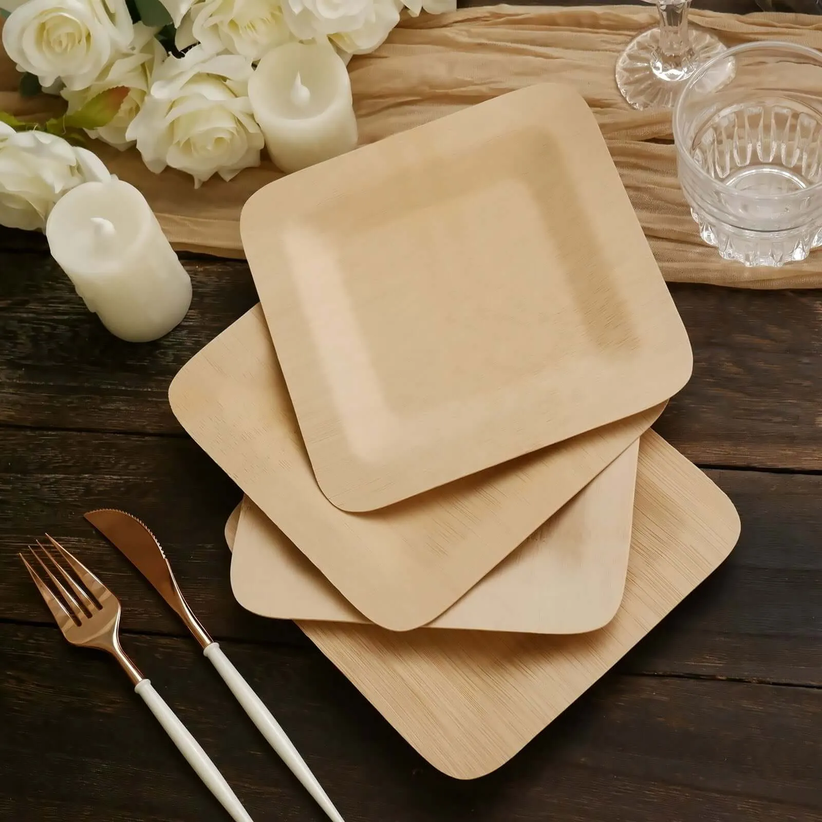 10 Pack 9" Eco Friendly Bamboo Square Disposable Dinner Plates