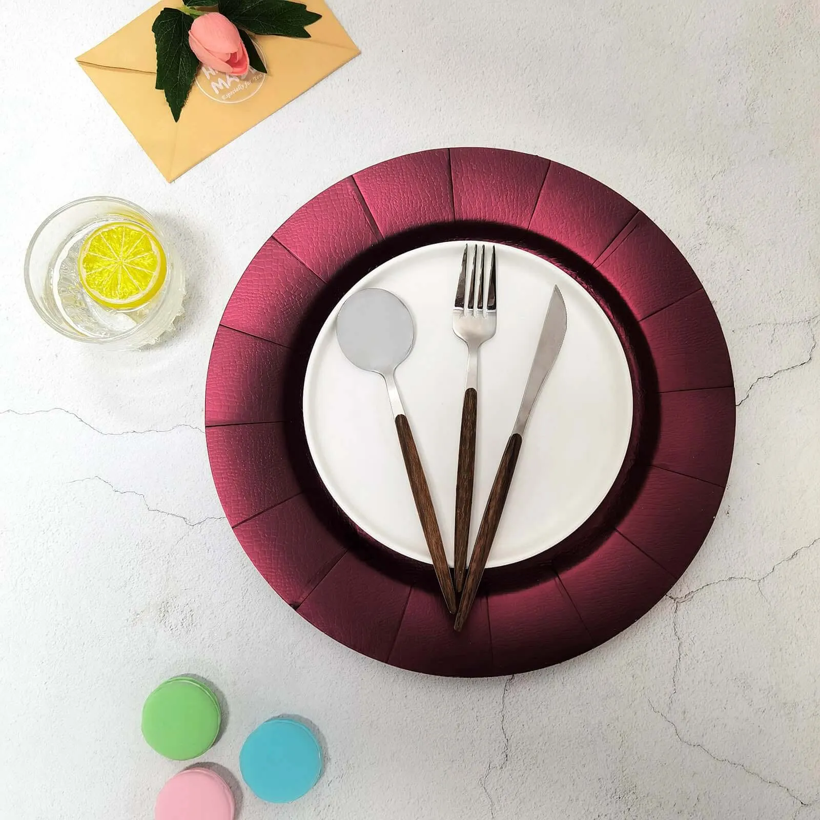 10 Pack Burgundy Disposable Charger Plates, Cardboard Serving Tray, Round with Leathery Texture 1100 GSM 13"