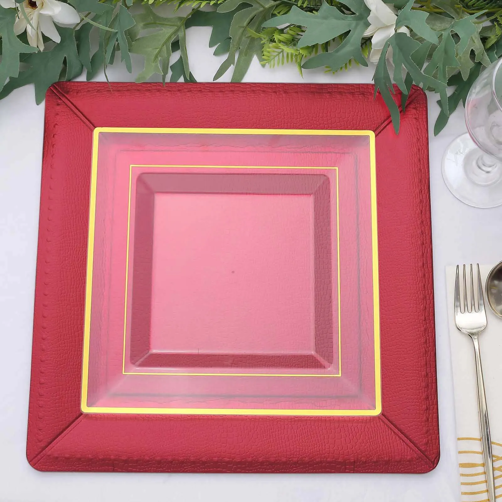 10 Pack Burgundy Textured Disposable Square Serving Trays, Leather Like Cardboard Charger Plates 1100 GSM 13"