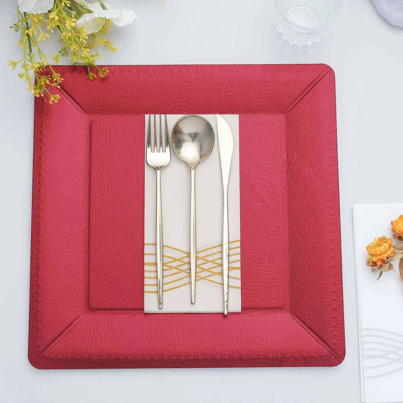 10 Pack Burgundy Textured Disposable Square Serving Trays, Leather Like Cardboard Charger Plates 1100 GSM 13"