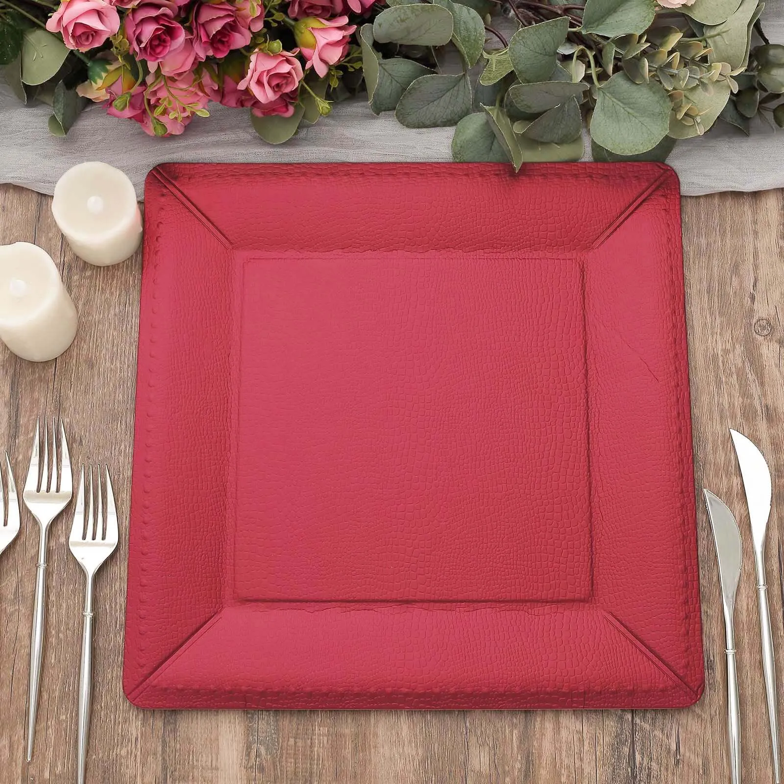 10 Pack Burgundy Textured Disposable Square Serving Trays, Leather Like Cardboard Charger Plates 1100 GSM 13"