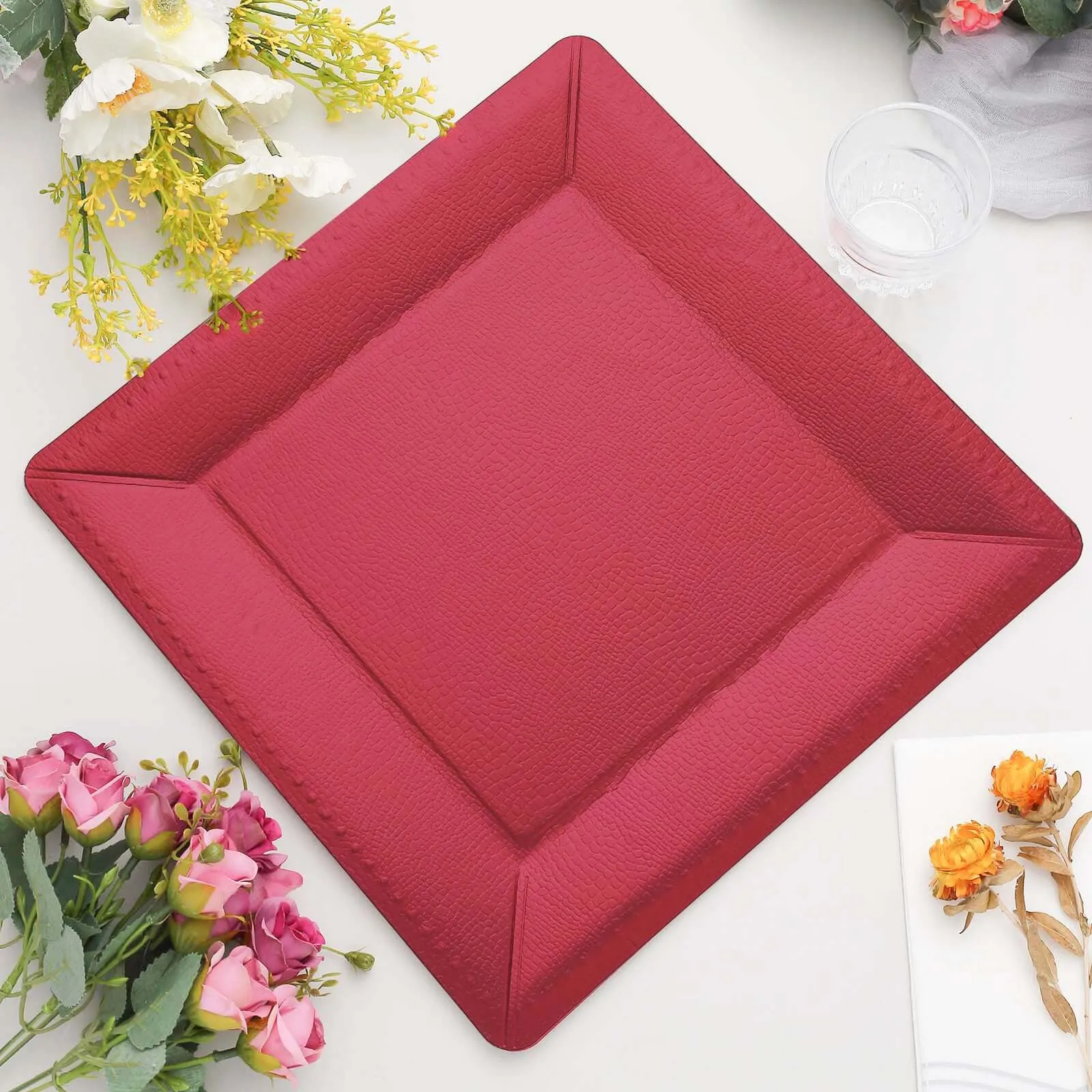 10 Pack Burgundy Textured Disposable Square Serving Trays, Leather Like Cardboard Charger Plates 1100 GSM 13"