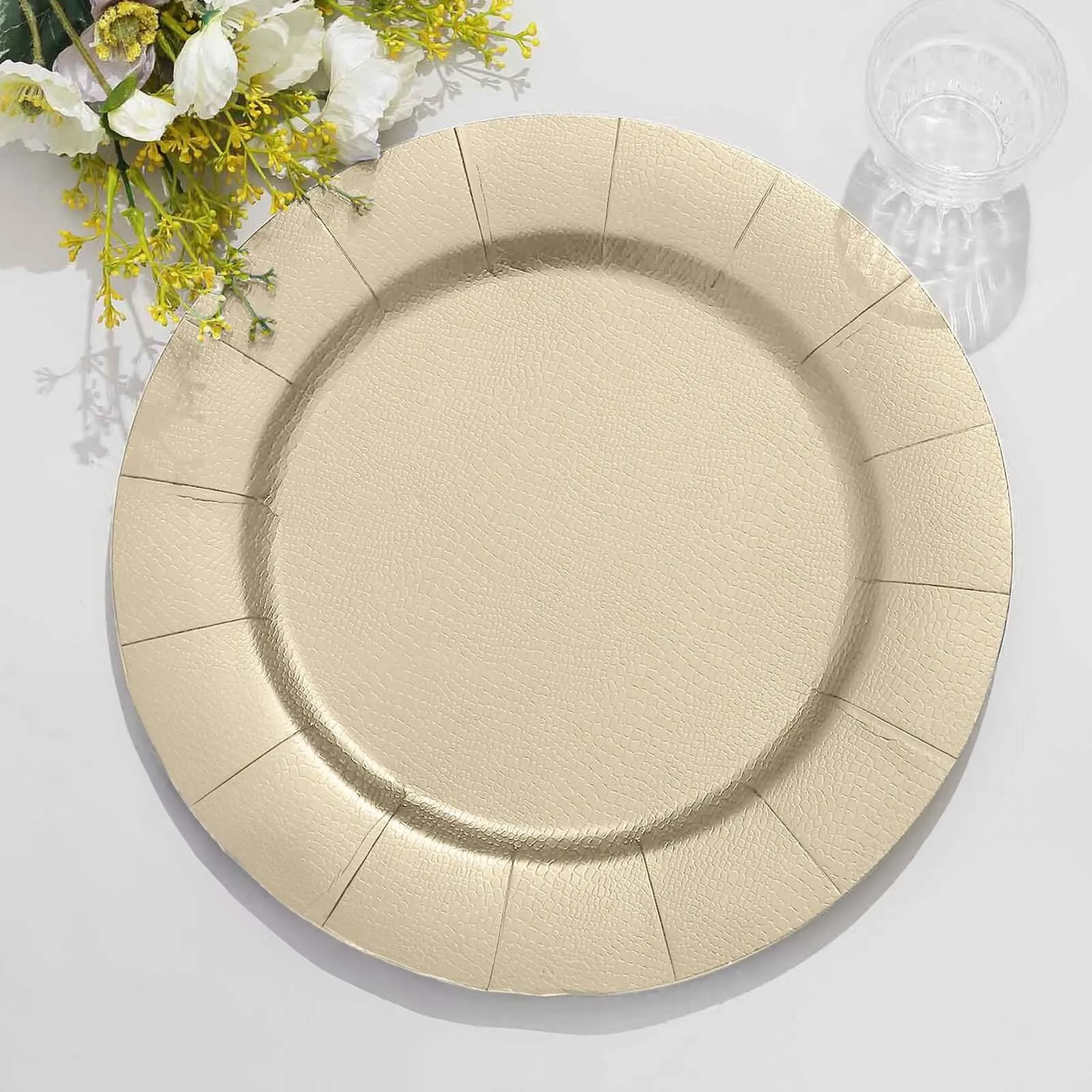 10 Pack Champagne Leather Textured Disposable Charger Plates, Round Cardboard Serving Trays 1100 GSM 13"