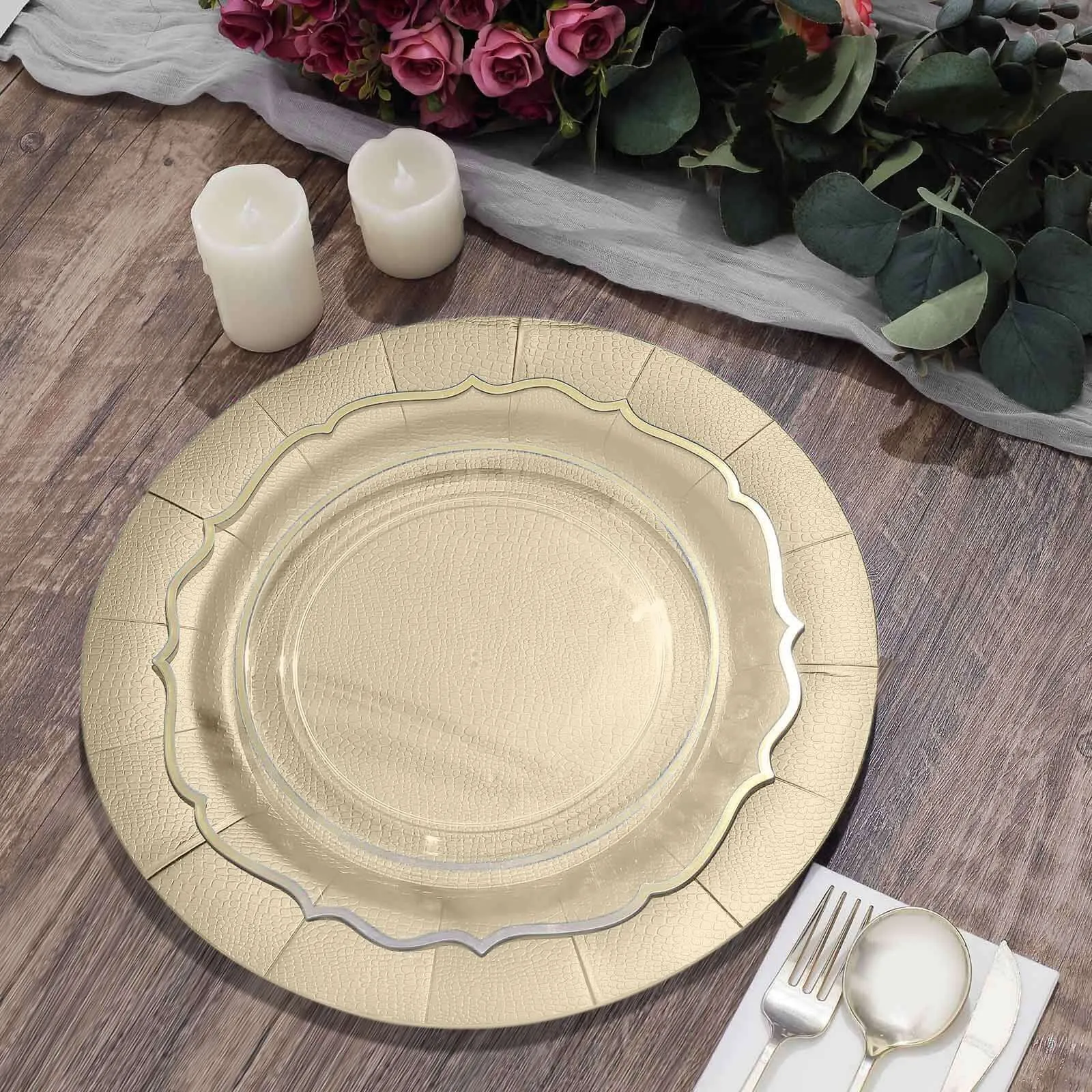 10 Pack Champagne Leather Textured Disposable Charger Plates, Round Cardboard Serving Trays 1100 GSM 13"