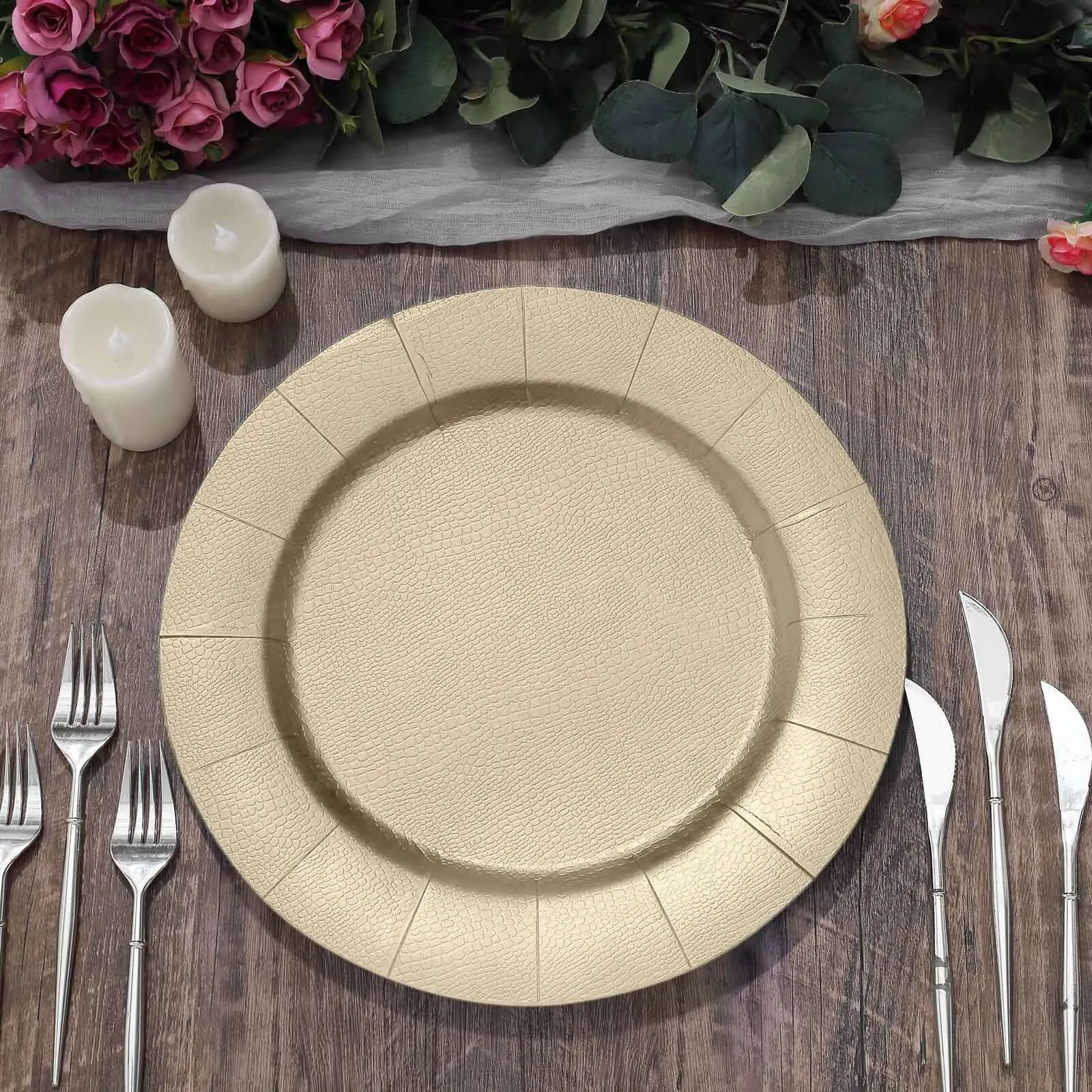 10 Pack Champagne Leather Textured Disposable Charger Plates, Round Cardboard Serving Trays 1100 GSM 13"