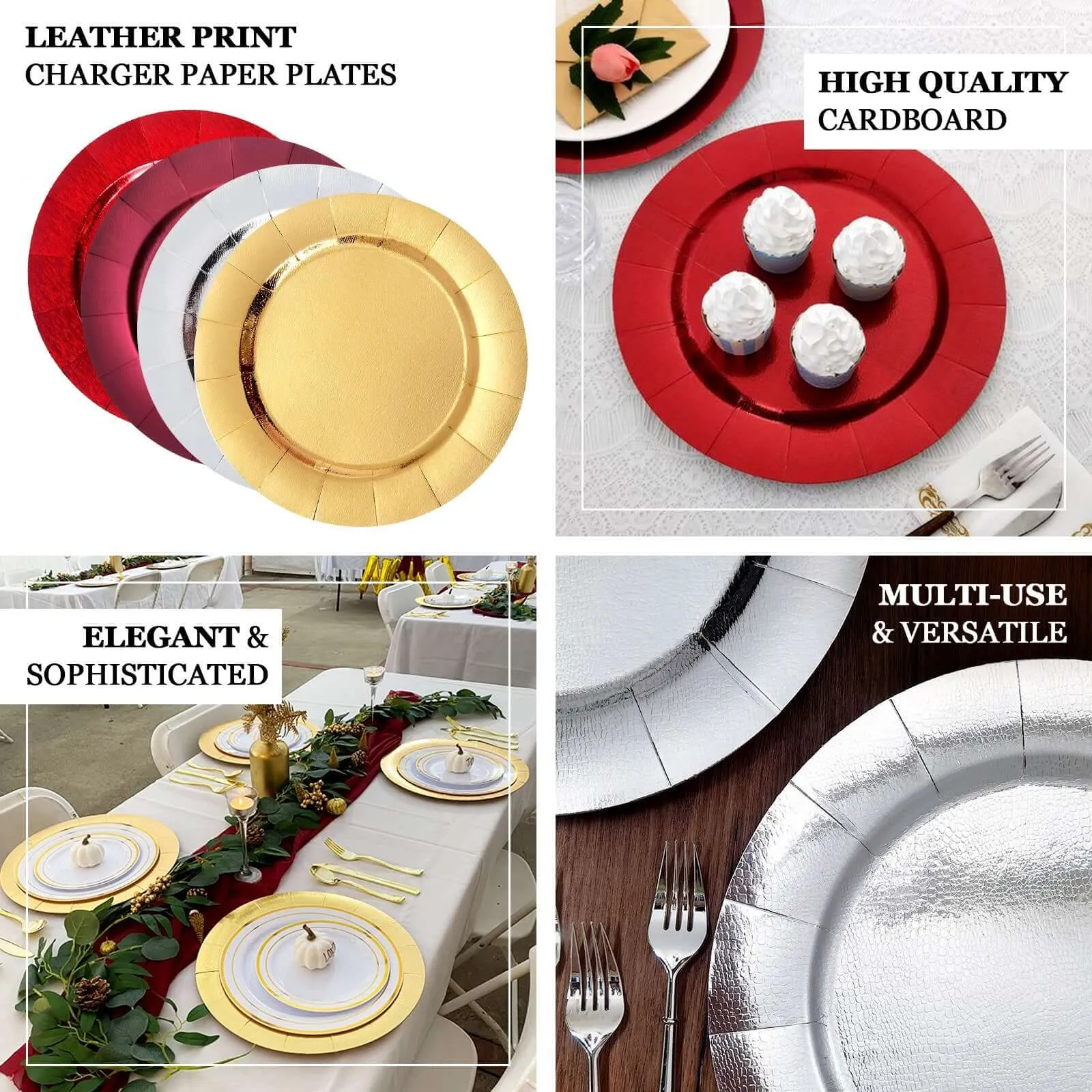 10 Pack Champagne Leather Textured Disposable Charger Plates, Round Cardboard Serving Trays 1100 GSM 13"