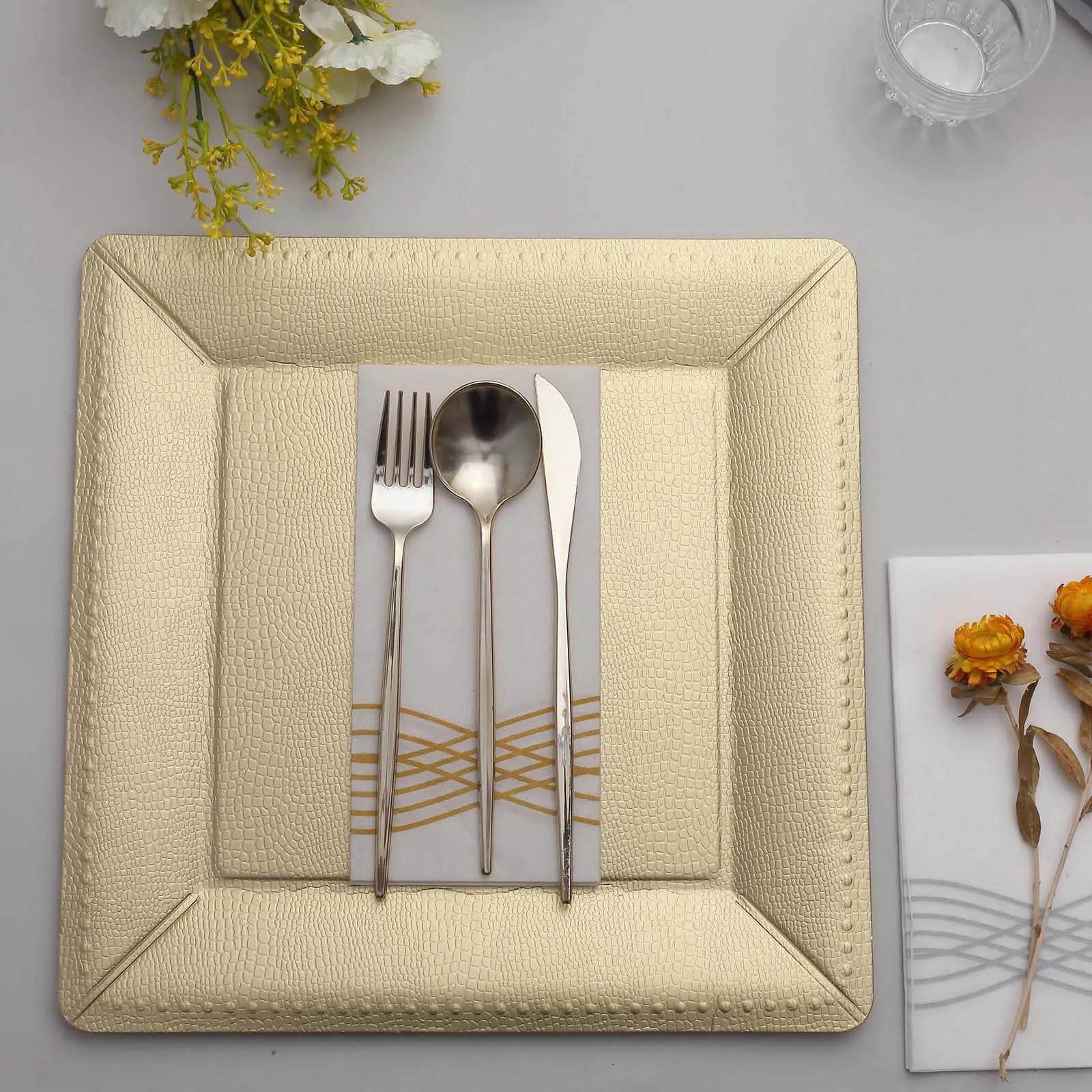 10 Pack Champagne Textured Disposable Square Serving Trays, Leather Like Cardboard Charger Plates 1100 GSM 13"