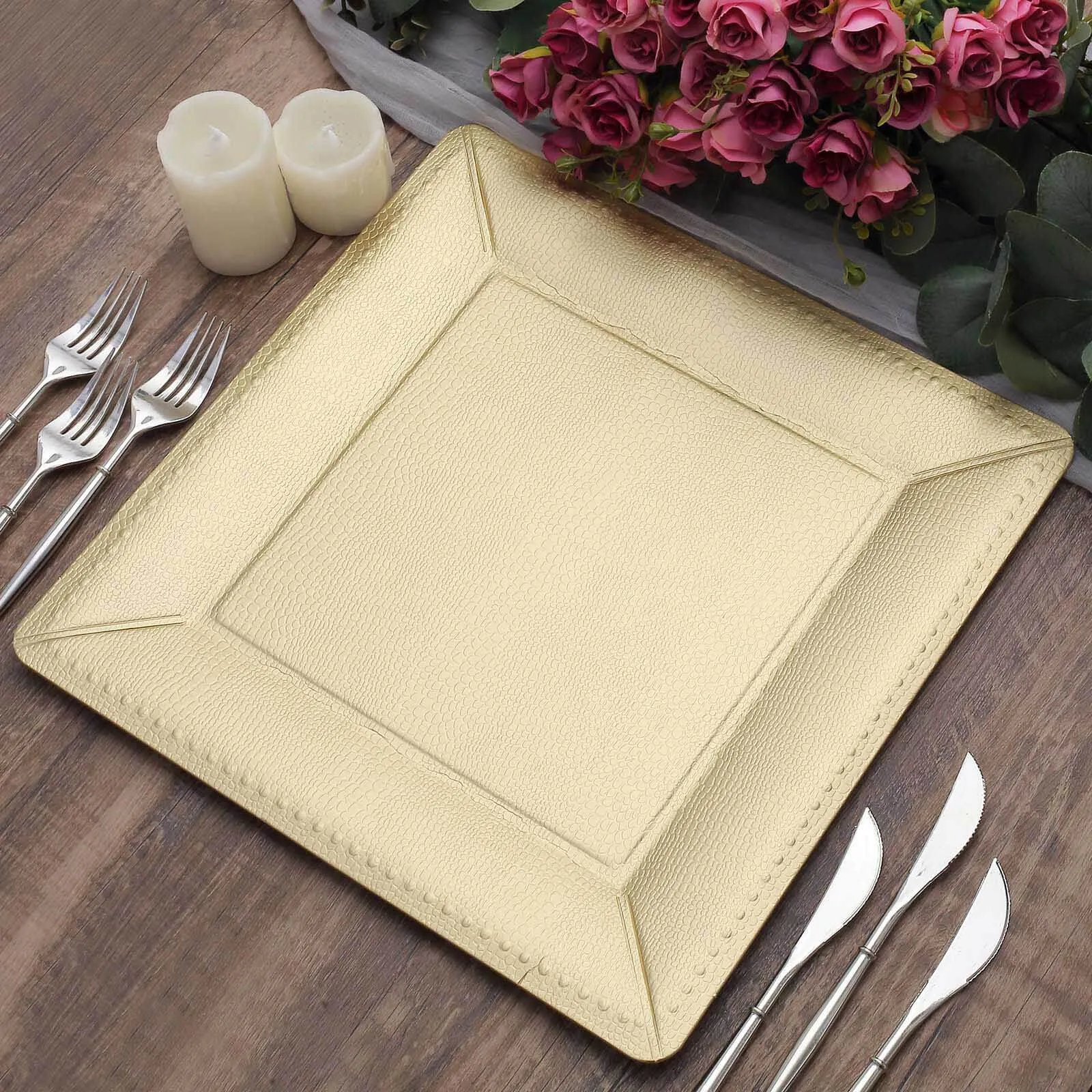 10 Pack Champagne Textured Disposable Square Serving Trays, Leather Like Cardboard Charger Plates 1100 GSM 13"