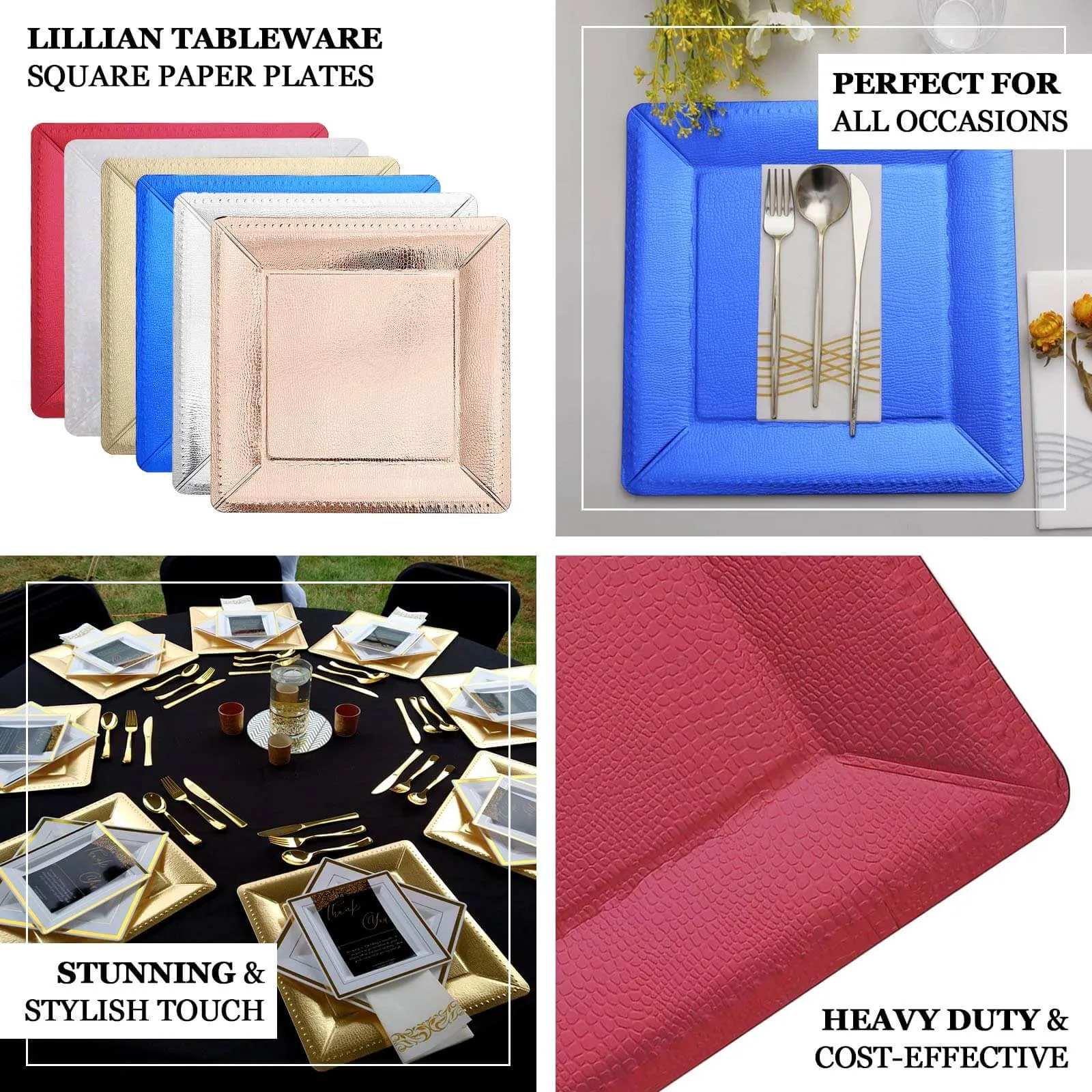 10 Pack Gold Textured Disposable Square Serving Trays, Leather Like Cardboard Charger Plates 1100 GSM 13"