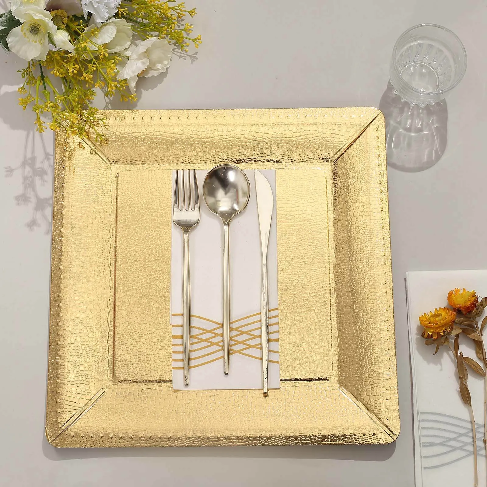 10 Pack Gold Textured Disposable Square Serving Trays, Leather Like Cardboard Charger Plates 1100 GSM 13"