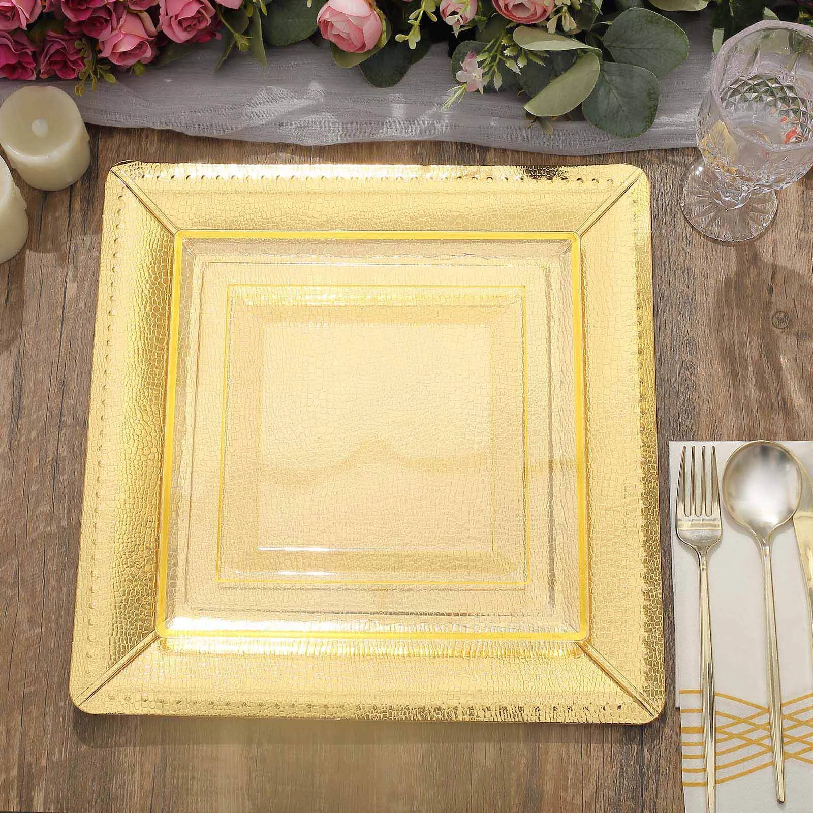 10 Pack Gold Textured Disposable Square Serving Trays, Leather Like Cardboard Charger Plates 1100 GSM 13"