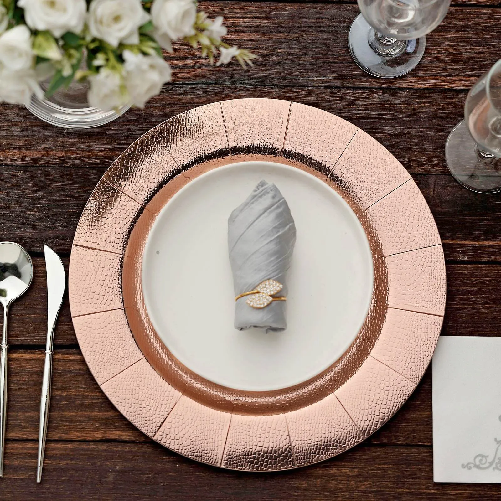 10 Pack Rose Gold Disposable Charger Plates, Cardboard Serving Tray, Round with Leathery Texture 1100 GSM 13"