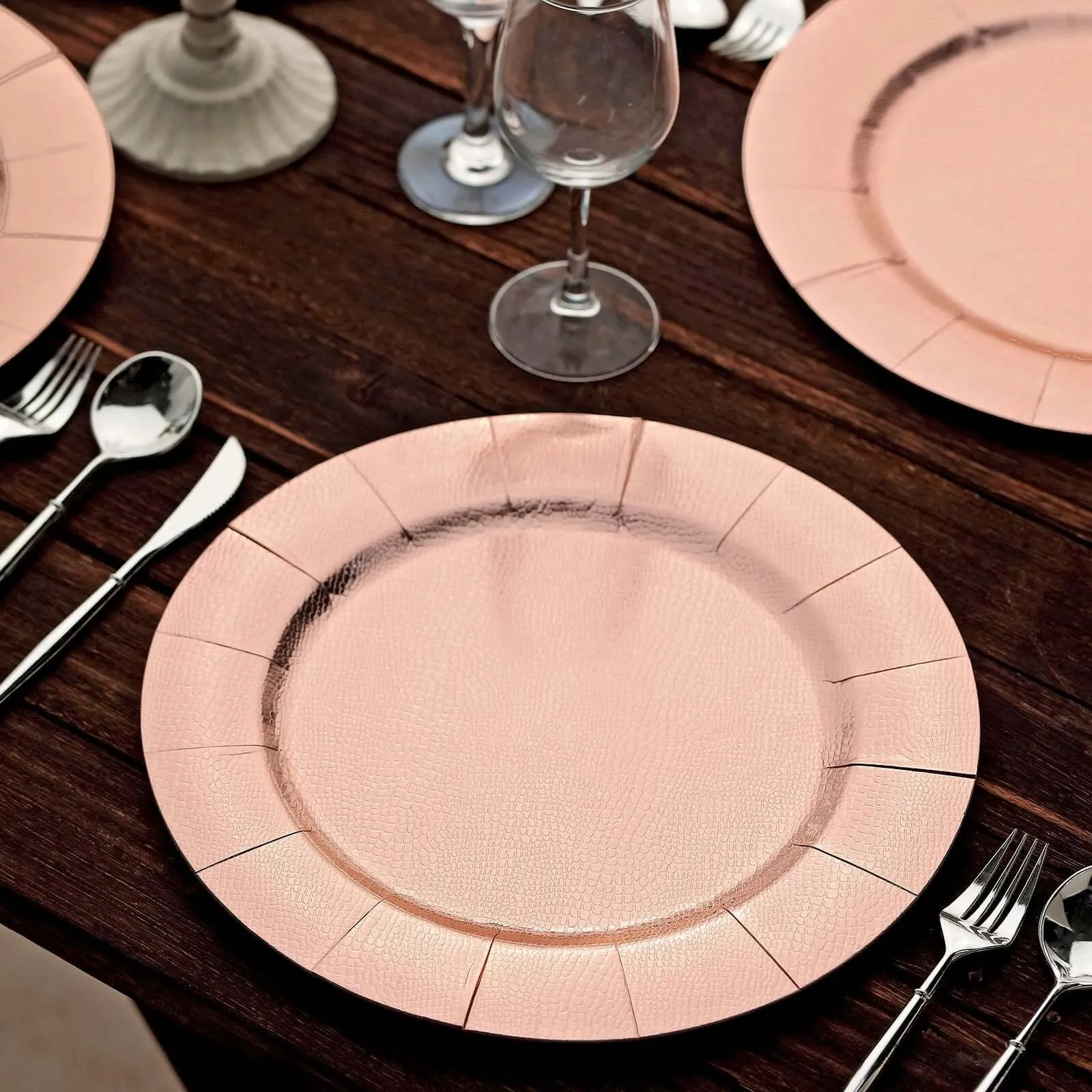 10 Pack Rose Gold Disposable Charger Plates, Cardboard Serving Tray, Round with Leathery Texture 1100 GSM 13"