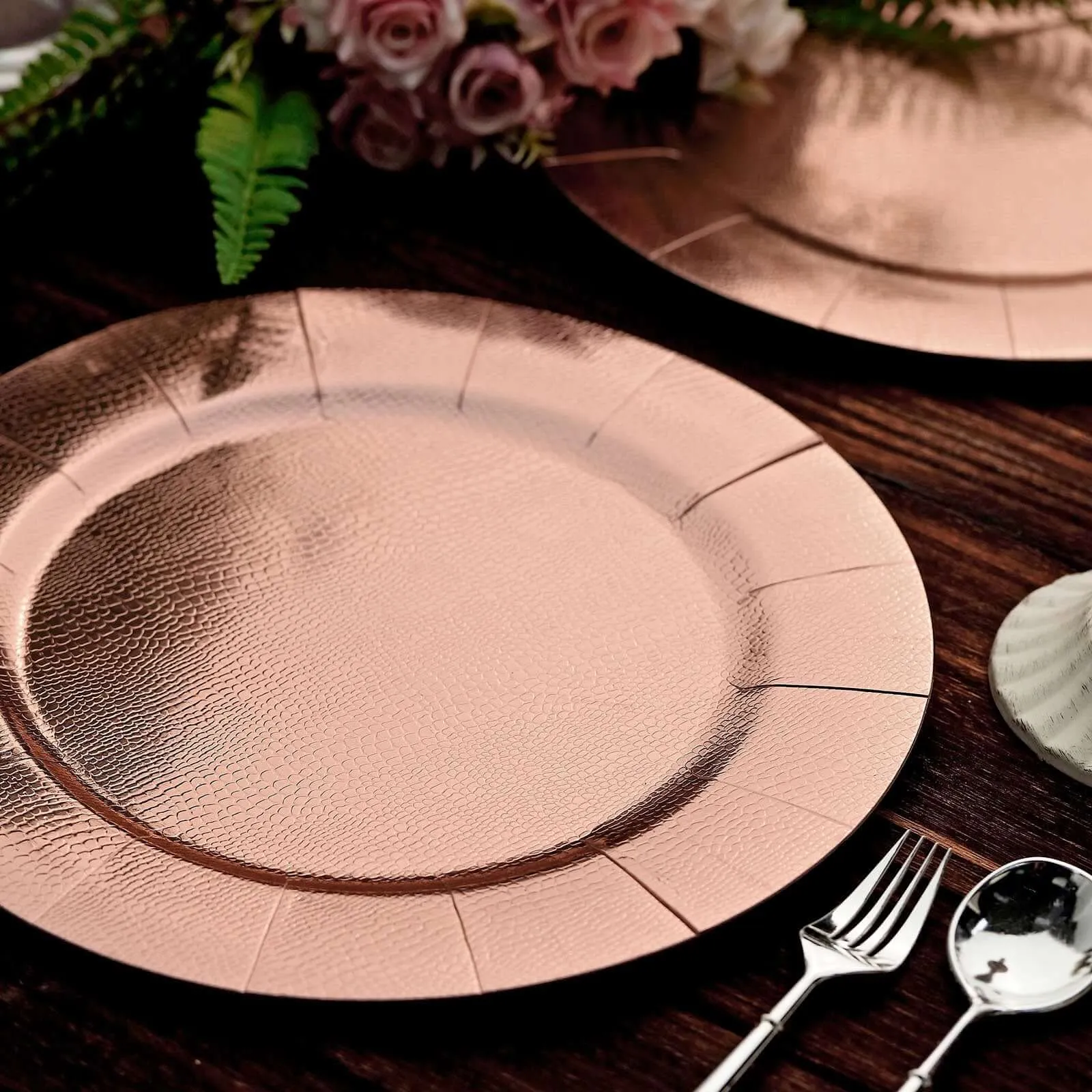 10 Pack Rose Gold Disposable Charger Plates, Cardboard Serving Tray, Round with Leathery Texture 1100 GSM 13"