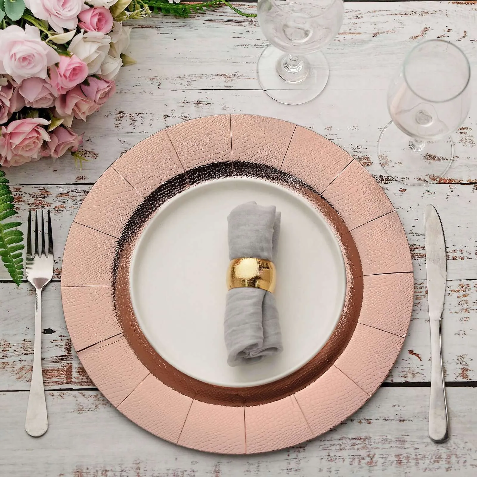 10 Pack Rose Gold Disposable Charger Plates, Cardboard Serving Tray, Round with Leathery Texture 1100 GSM 13"