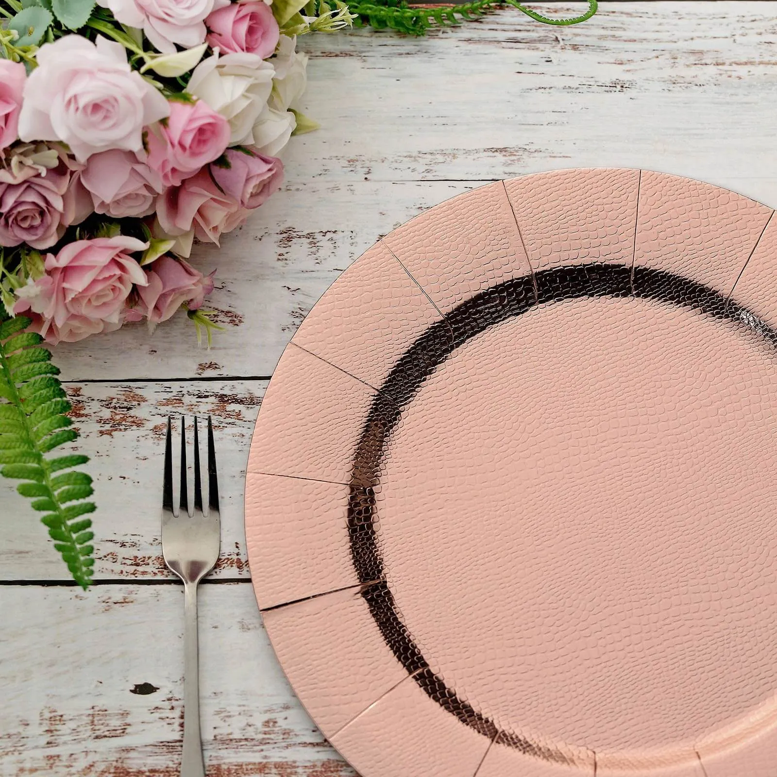 10 Pack Rose Gold Disposable Charger Plates, Cardboard Serving Tray, Round with Leathery Texture 1100 GSM 13"