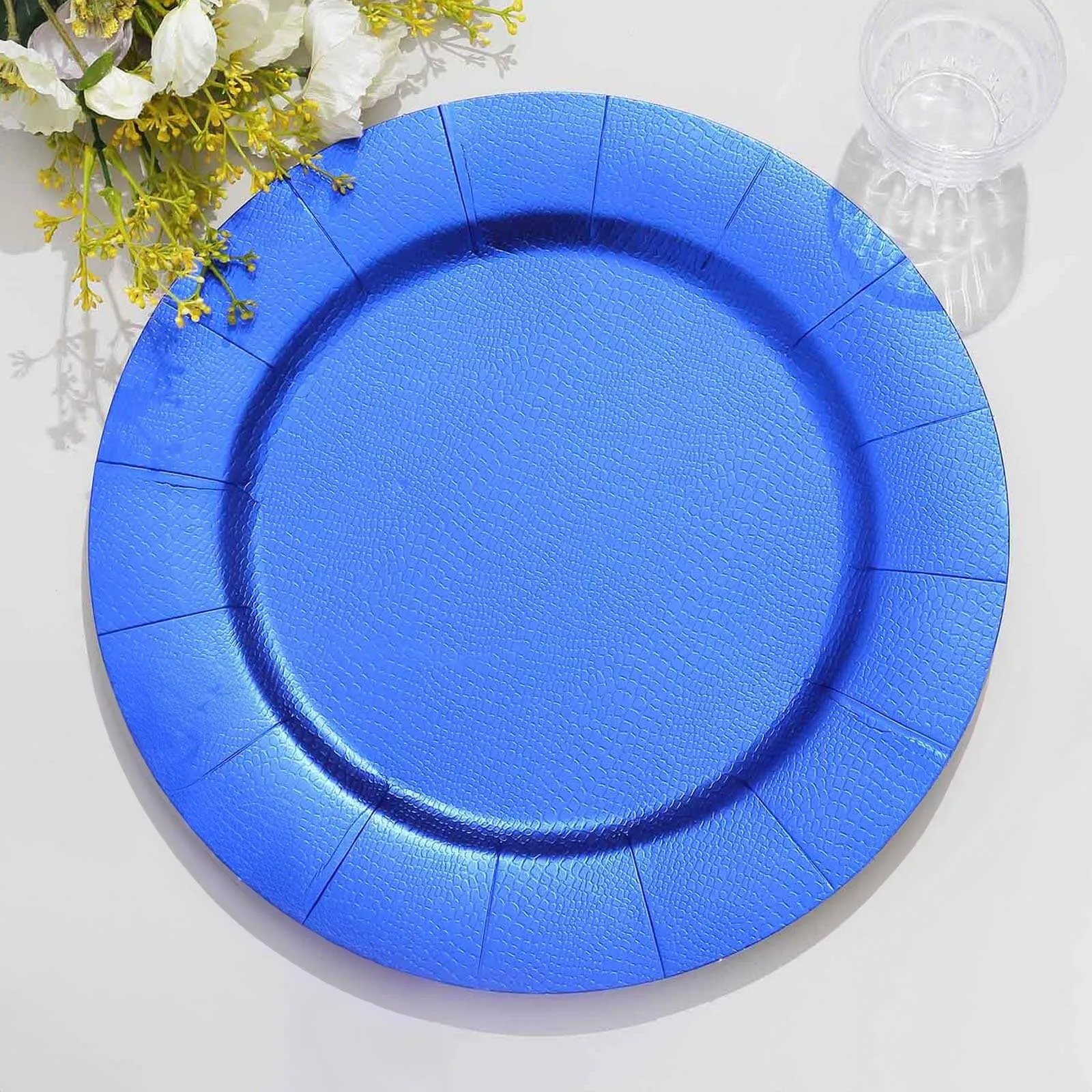 10 Pack Royal Blue Leather Textured Disposable Charger Plates, Round Cardboard Serving Trays 1100 GSM 13"