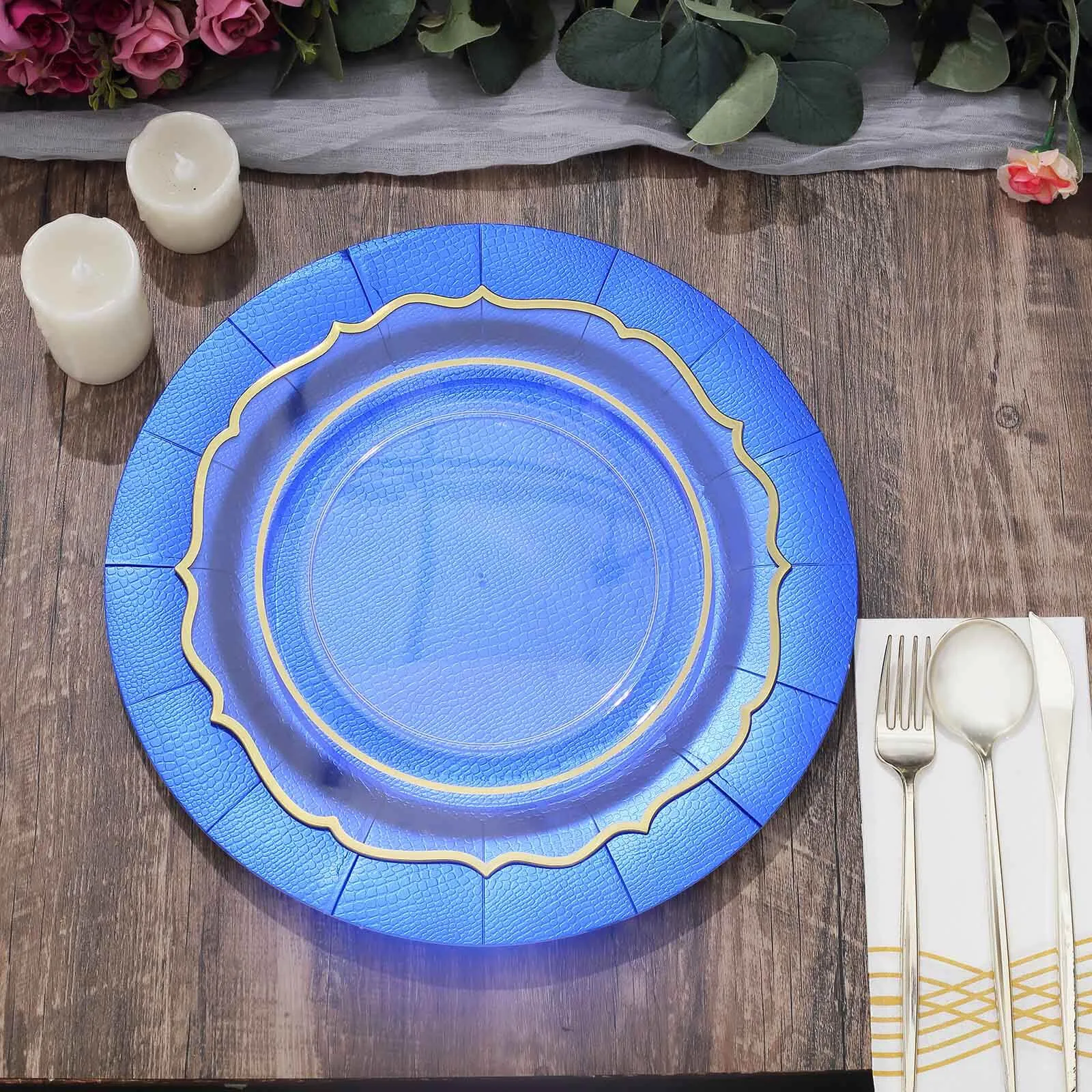 10 Pack Royal Blue Leather Textured Disposable Charger Plates, Round Cardboard Serving Trays 1100 GSM 13"