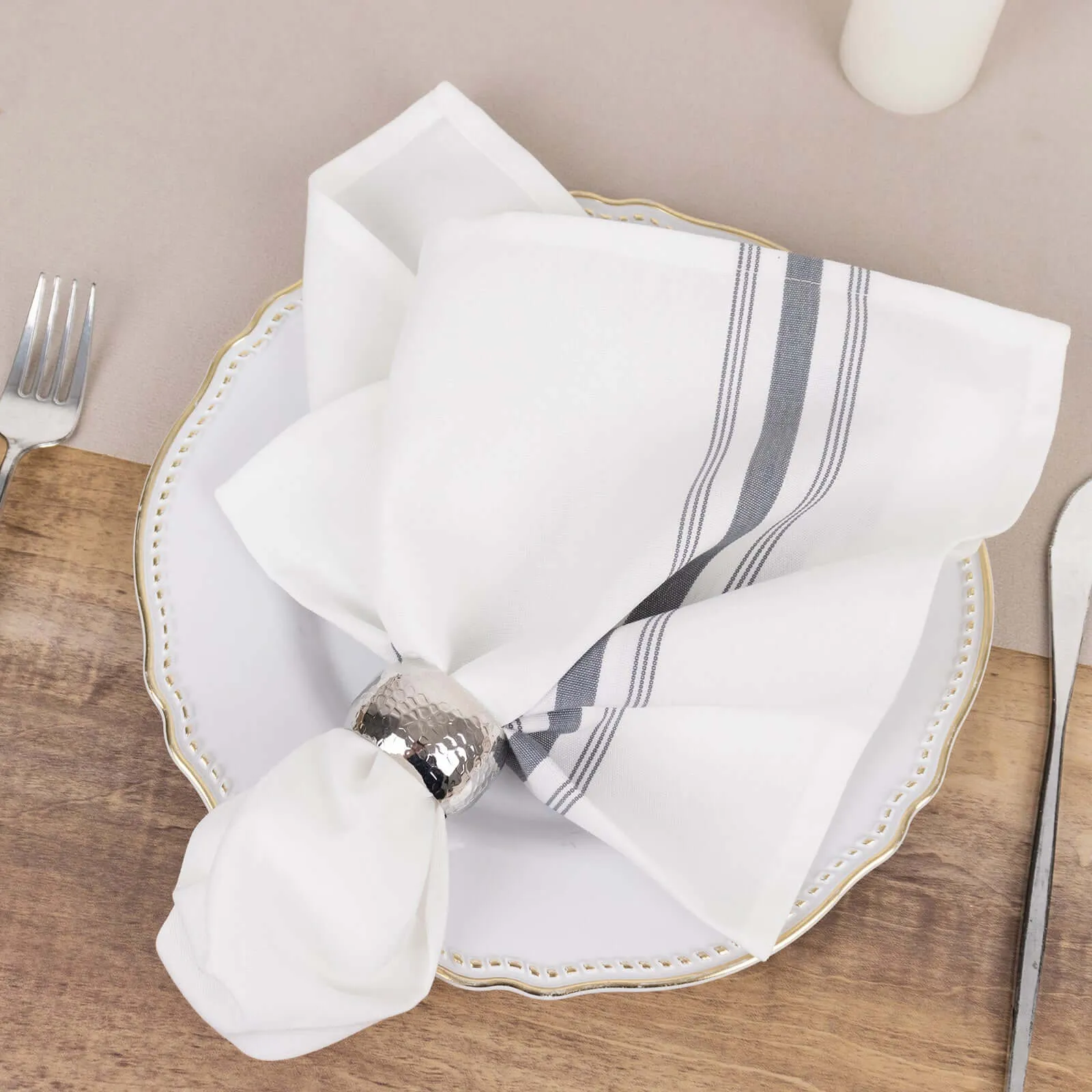 10 Pack White Spun Polyester Cloth Napkins with Gray Reverse Stripes, Premium Restaurant Quality Bistro Napkins - 18"x22"