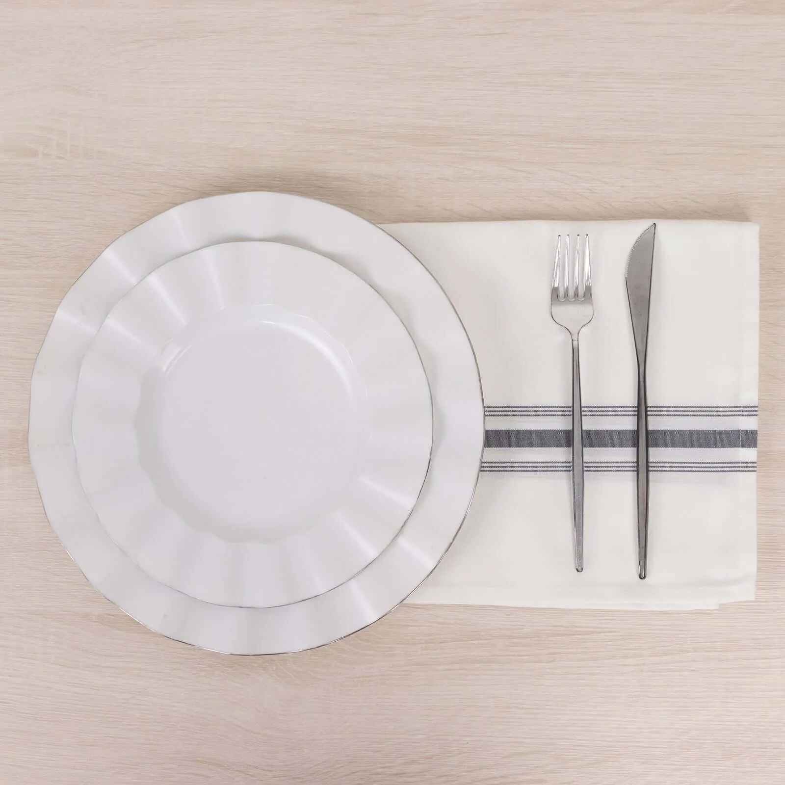 10 Pack White Spun Polyester Cloth Napkins with Gray Reverse Stripes, Premium Restaurant Quality Bistro Napkins - 18"x22"