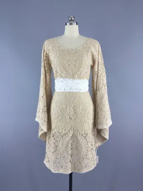 1970s Vintage Crochet Lace Bohemian Wedding Dress