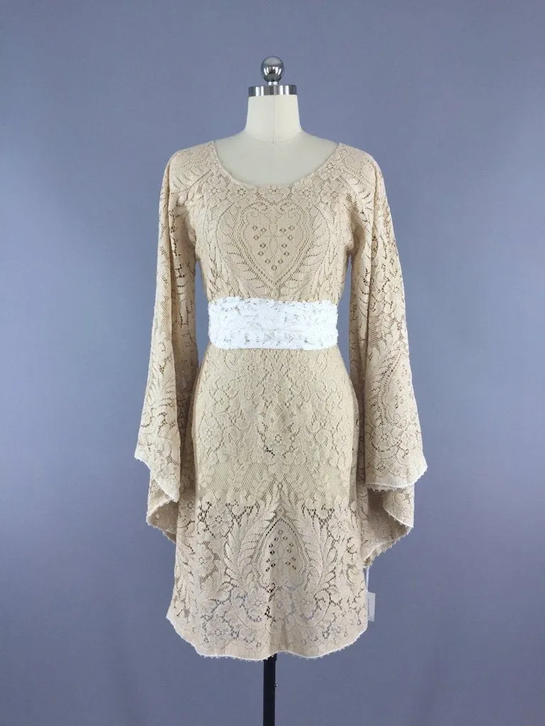 1970s Vintage Crochet Lace Bohemian Wedding Dress