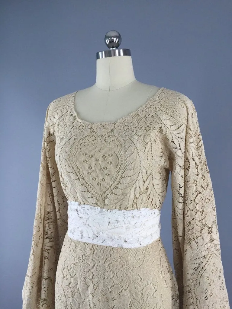 1970s Vintage Crochet Lace Bohemian Wedding Dress