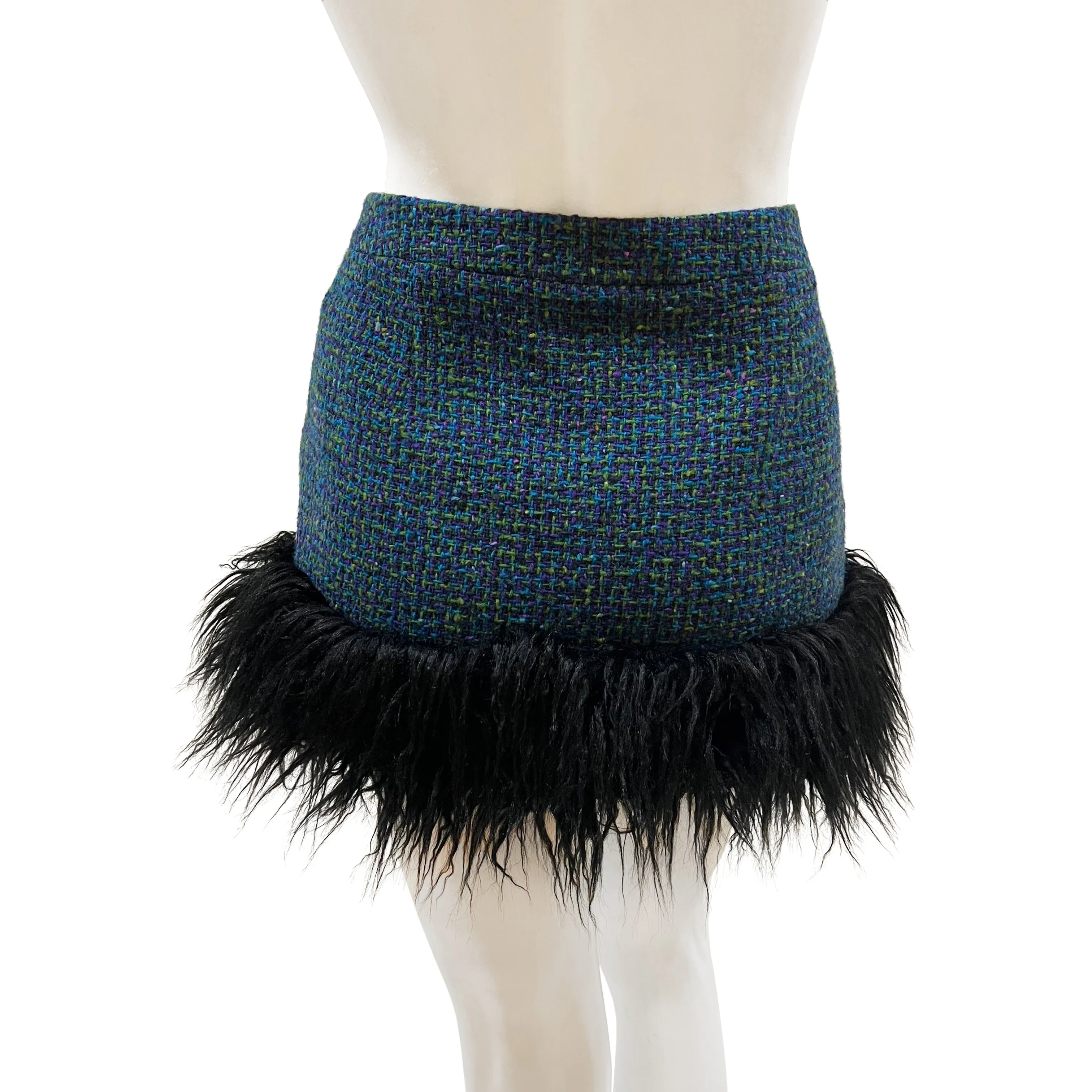 2021 Blue Tweed and Faux Fur Mini Skirt