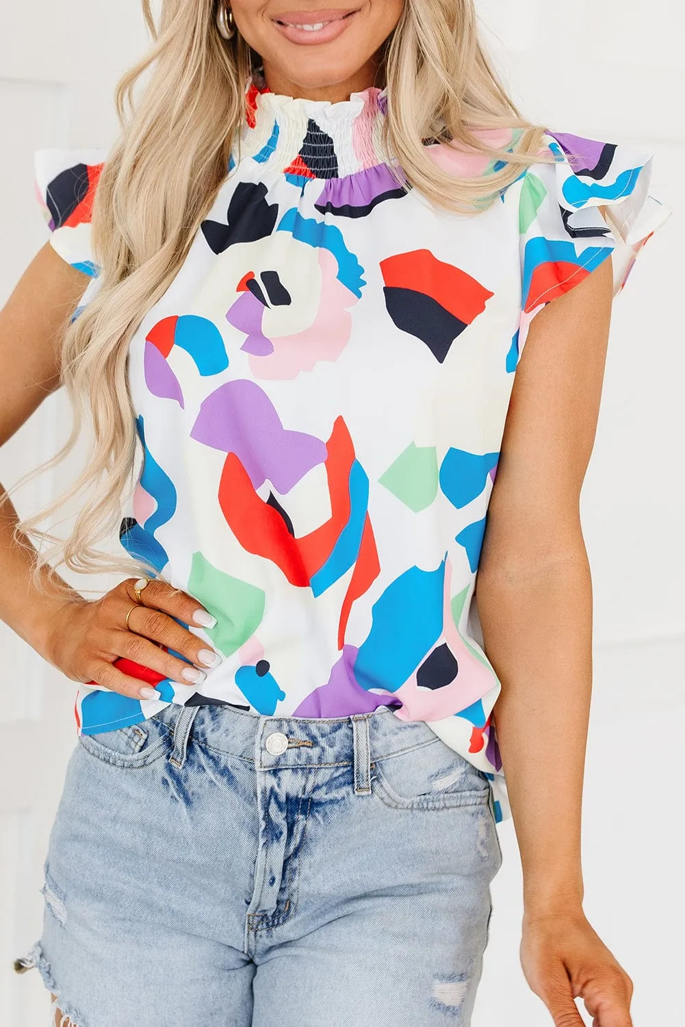 Abstract Print Smocked Blouse with Ruffle Sleeves