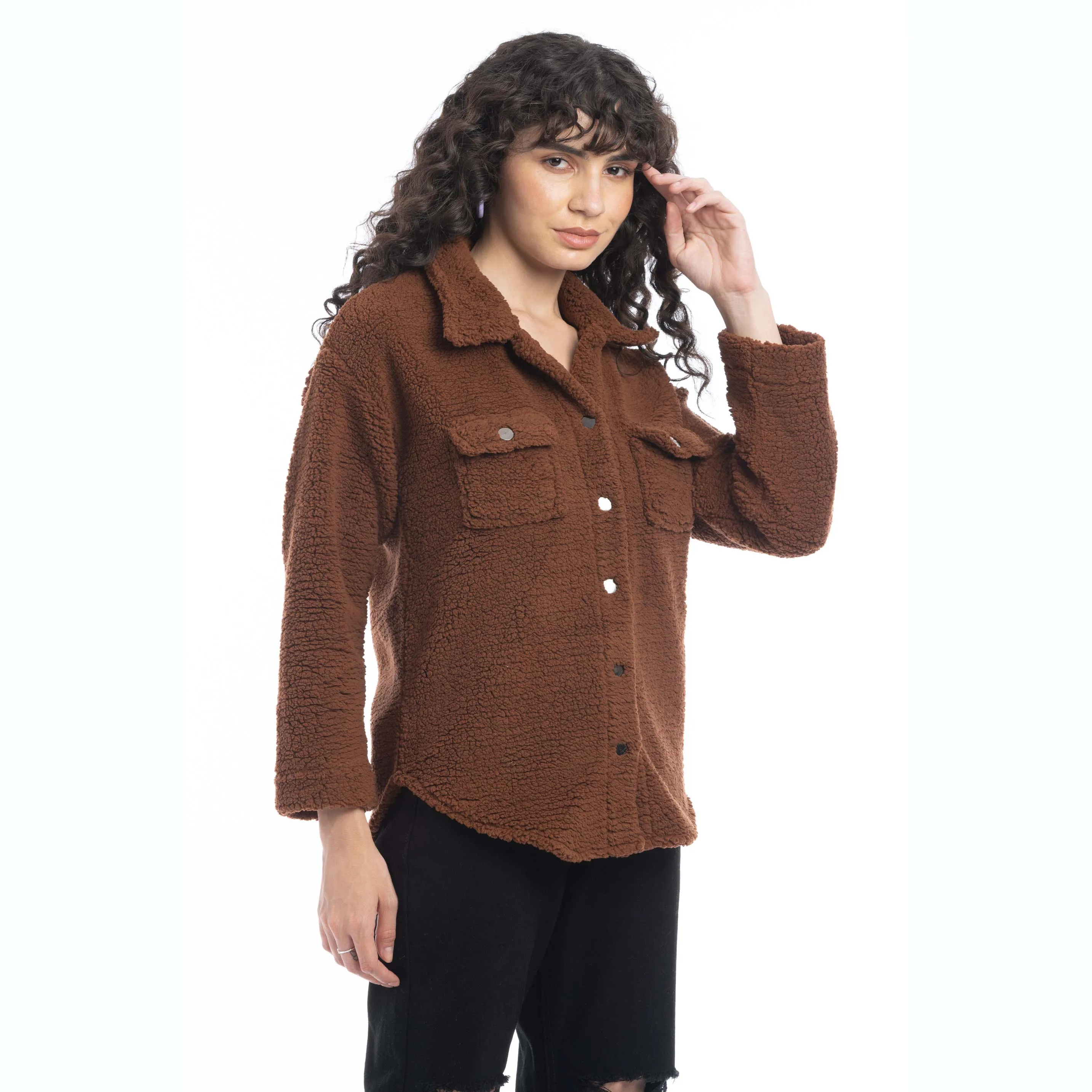 Amina Fleece Button Front Shacket Sweater