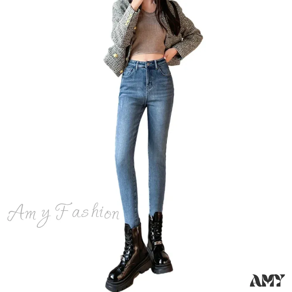 Amy Fashion - Winter Warm Plush Stretch Thermal Fleece Retro Thicken High Waist Jean