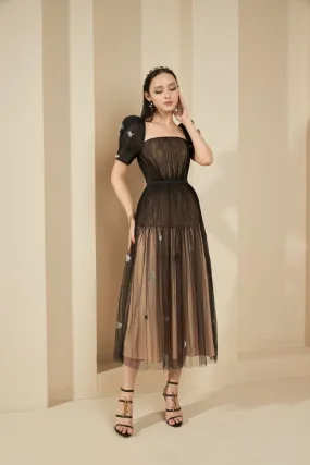 Aniston Pleated Puffy Sleeved Mesh Sheer Dress