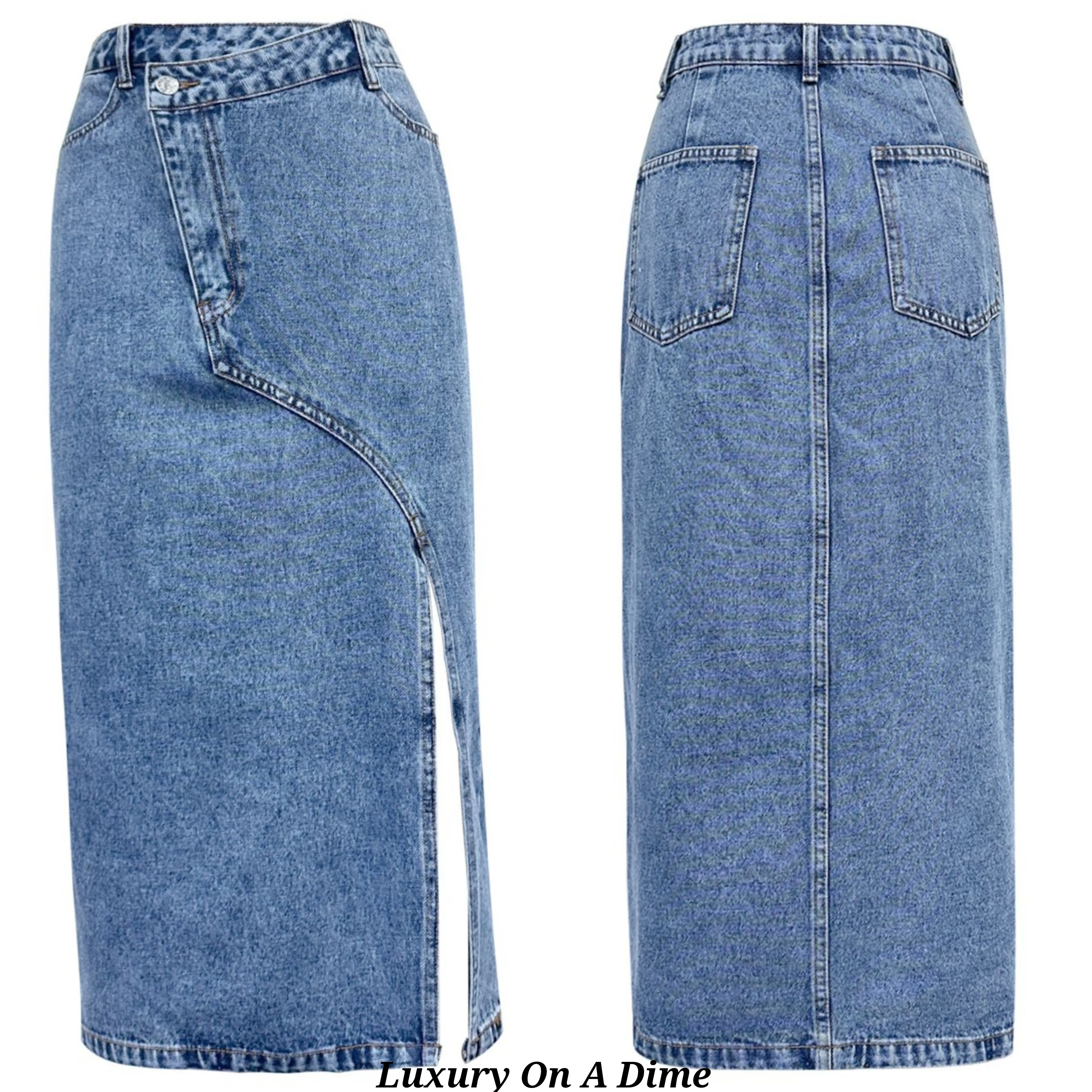 Asymmetrical High-Rise Waist Side Slit Bent Seam Denim Retro Blue Jean Midi Skirt