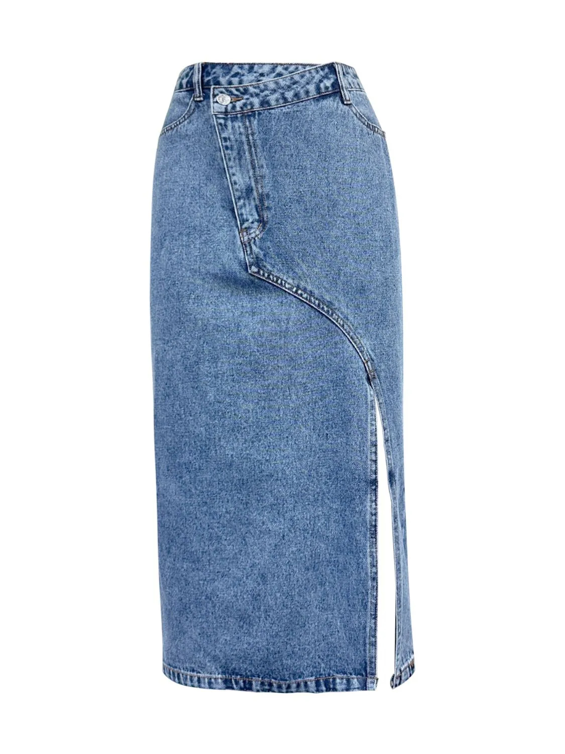 Asymmetrical High-Rise Waist Side Slit Bent Seam Denim Retro Blue Jean Midi Skirt