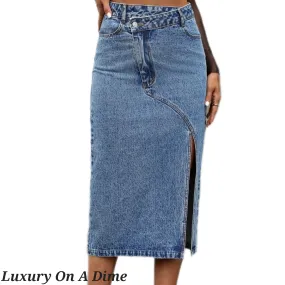 Asymmetrical High-Rise Waist Side Slit Bent Seam Denim Retro Blue Jean Midi Skirt