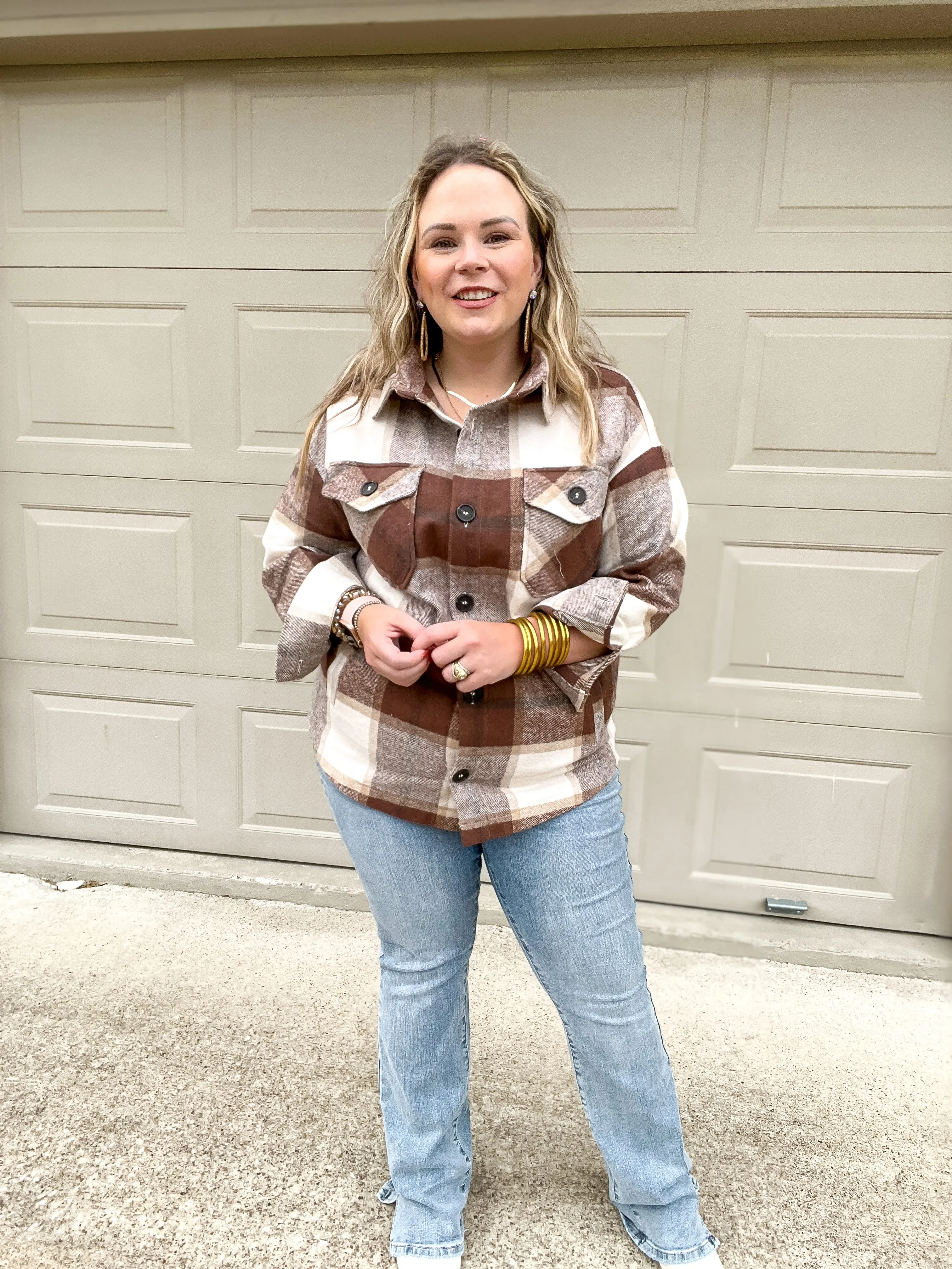 Autumn Air Plaid Button Up Shacket in Brown