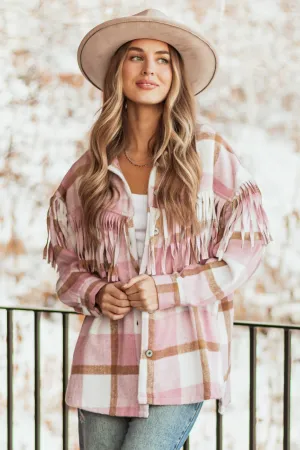 Baby Pink Plaid Fringe Button Down Shacket