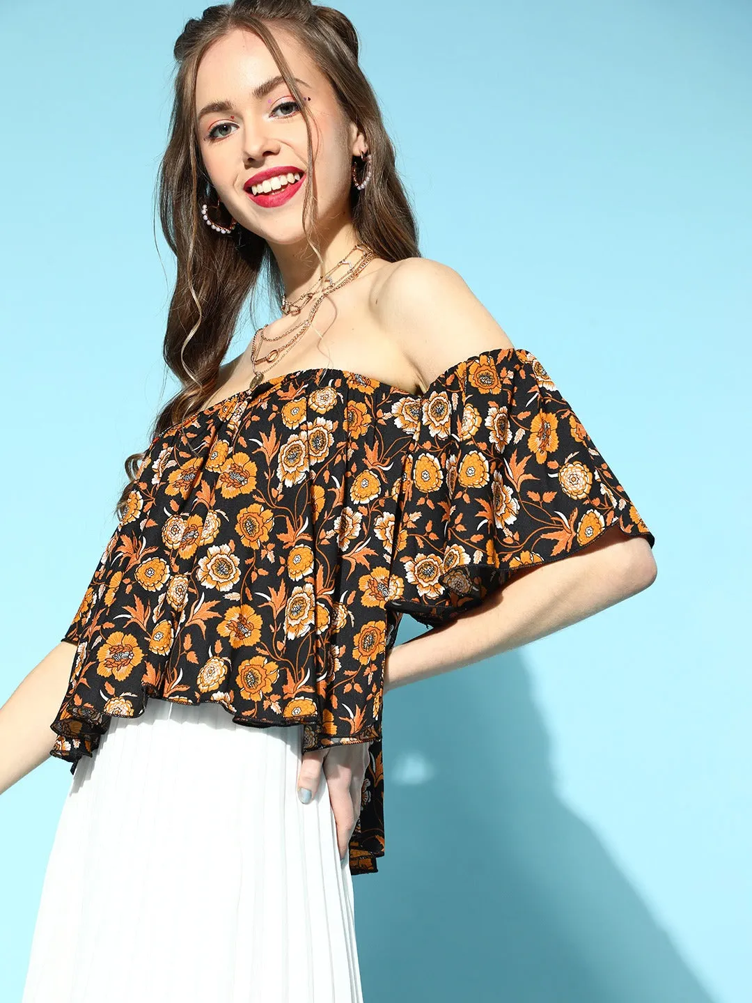 Berrylush Women Black & Mustard Yellow Floral Printed Off-Shoulder Neck Crepe Pleated Bardot Crop Top