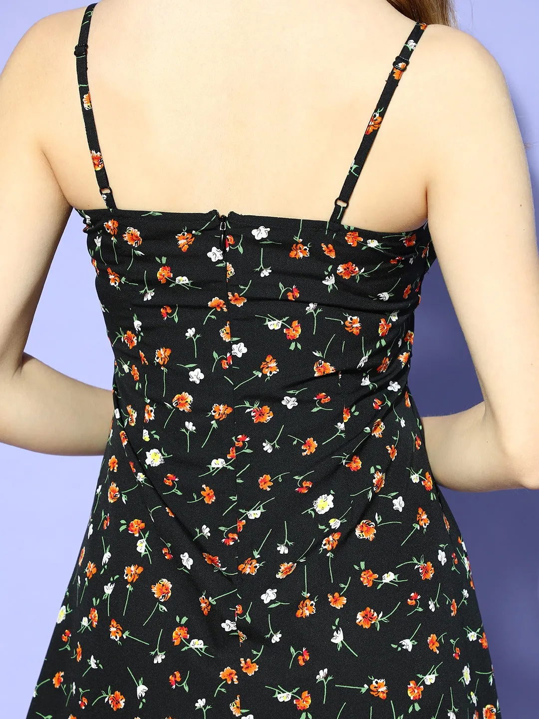 Berrylush Women Black & Orange Floral Printed Square Neck Sleeveless Flared A-Line Mini Dress