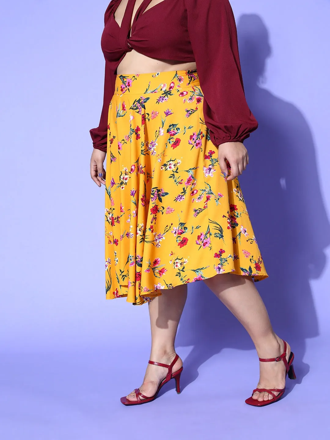 Berrylush Women Plus Size Bright Yellow & Red Floral Printed Asymmetric Hem A-Line Midi Skirt