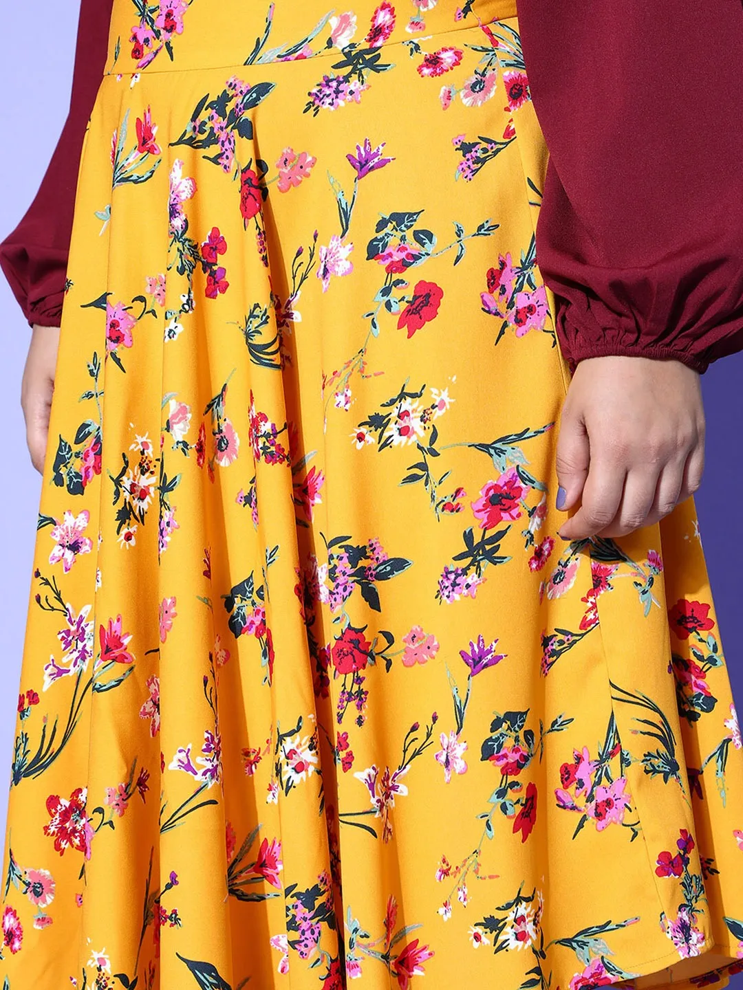 Berrylush Women Plus Size Bright Yellow & Red Floral Printed Asymmetric Hem A-Line Midi Skirt