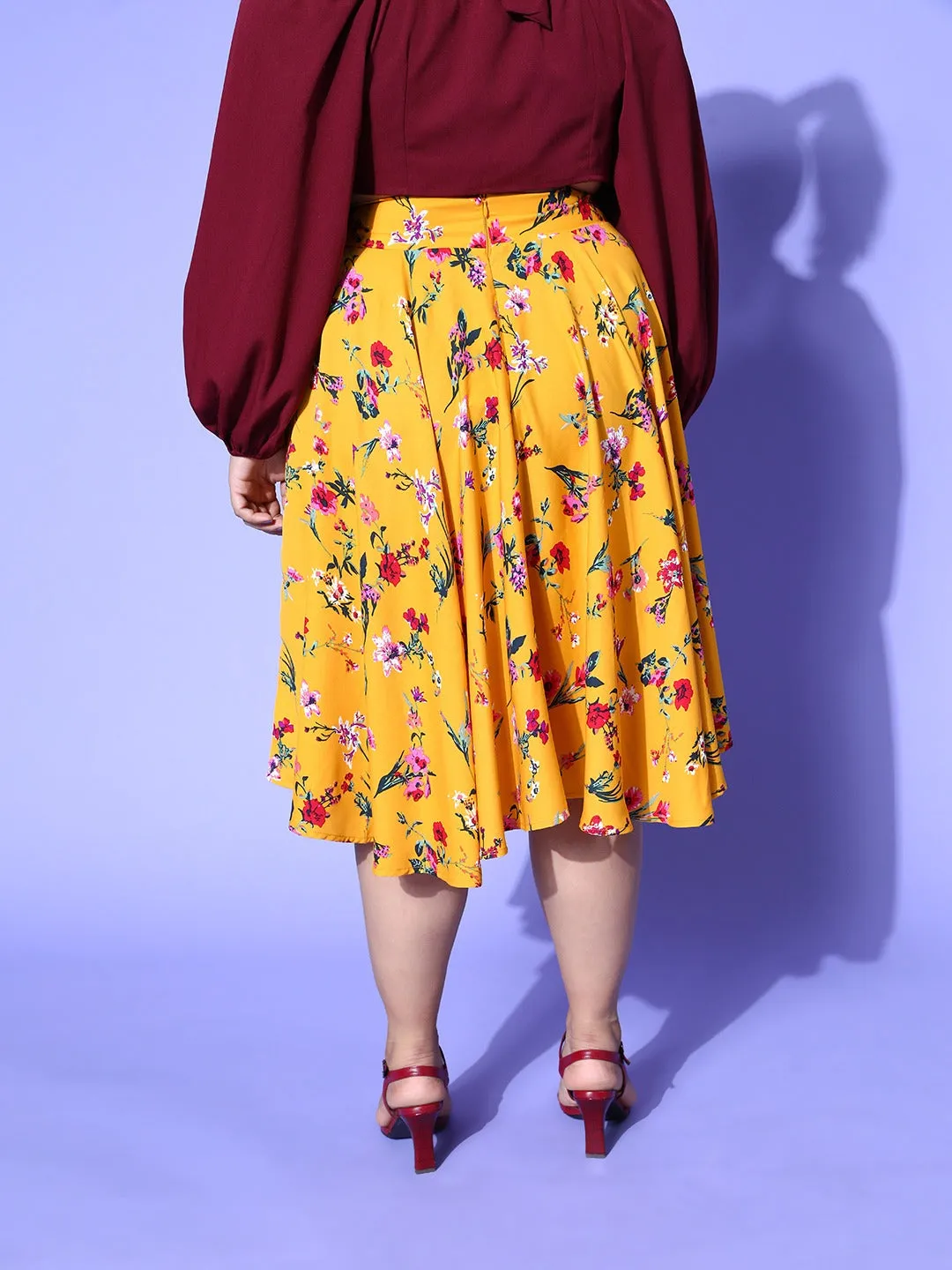 Berrylush Women Plus Size Bright Yellow & Red Floral Printed Asymmetric Hem A-Line Midi Skirt