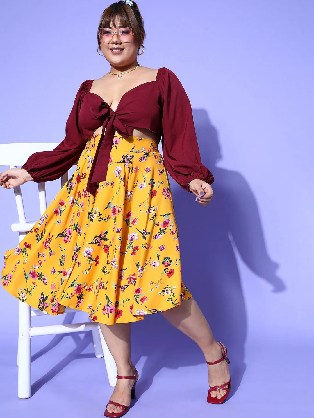 Berrylush Women Plus Size Bright Yellow & Red Floral Printed Asymmetric Hem A-Line Midi Skirt