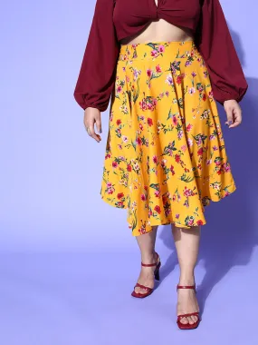 Berrylush Women Plus Size Bright Yellow & Red Floral Printed Asymmetric Hem A-Line Midi Skirt