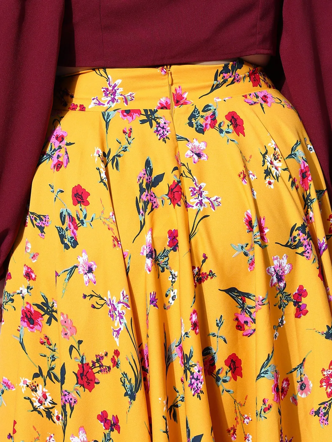 Berrylush Women Plus Size Bright Yellow & Red Floral Printed Asymmetric Hem A-Line Midi Skirt