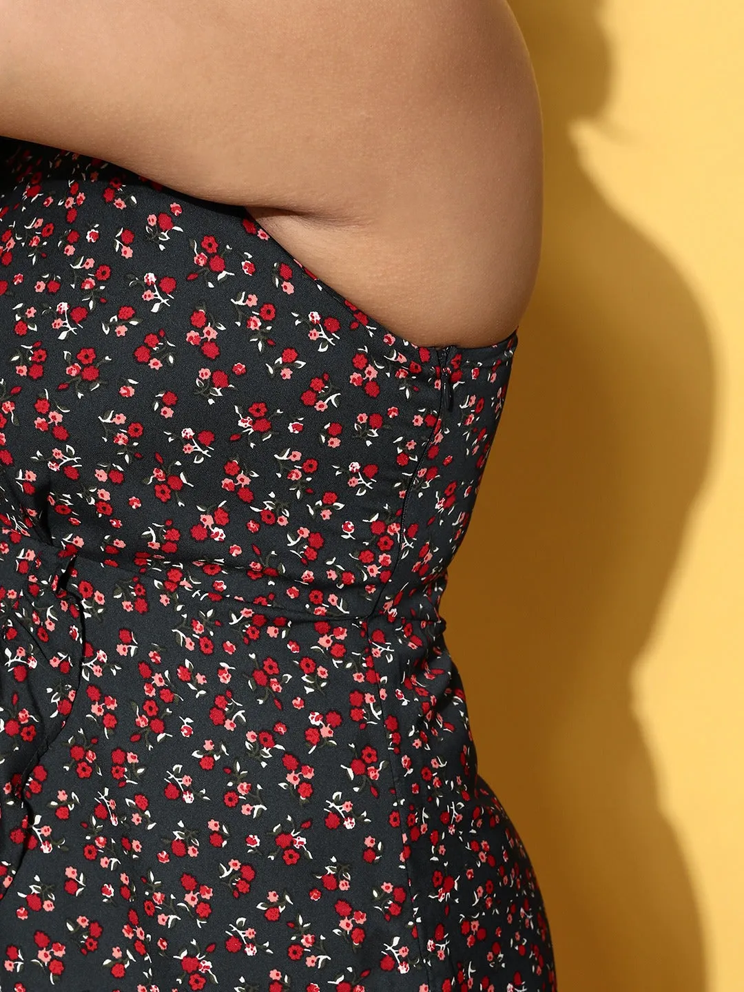 Berrylush Women Plus Size Navy Blue & Red Floral Printed One-Shoulder Neck Crepe Asymmetric Hem Pleated A-line Mini Dress