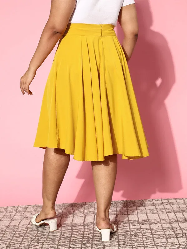 Berrylush Women Plus Size Solid Yellow Polyester Slip-On High-Rise Waist Flared Midi Skirt